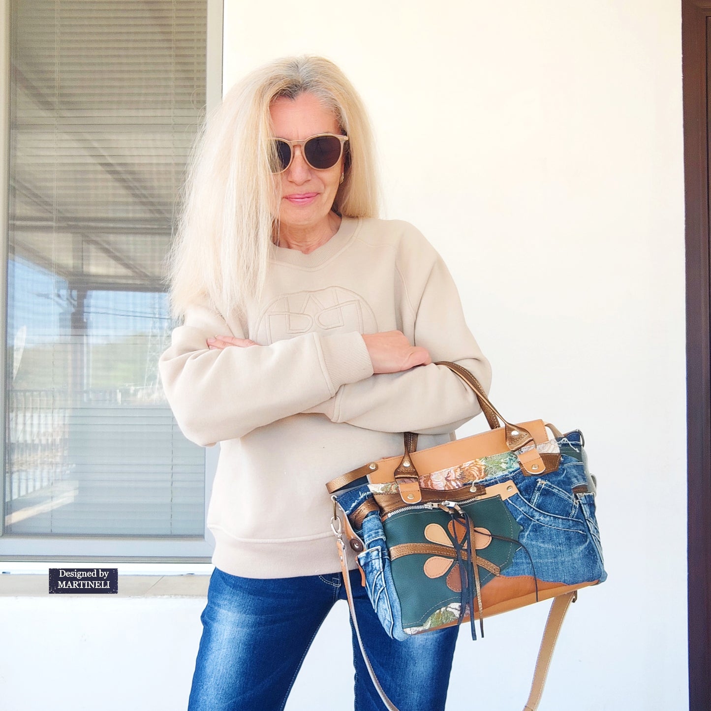 Beige Leather Shoulder Bag Boho Floral Handbag Large Denim Crossbody Bag