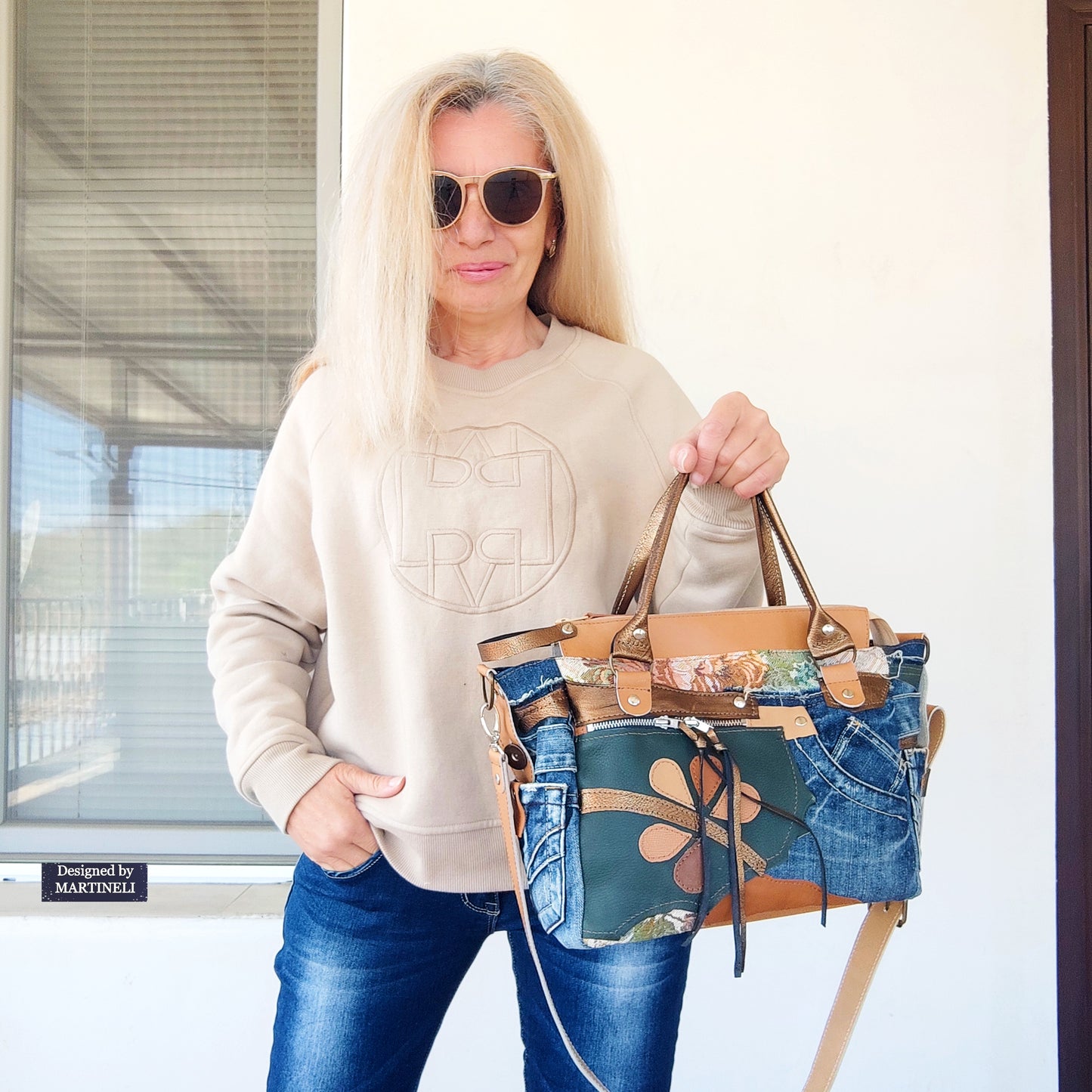 Beige Leather Shoulder Bag Boho Floral Handbag Large Denim Crossbody Bag