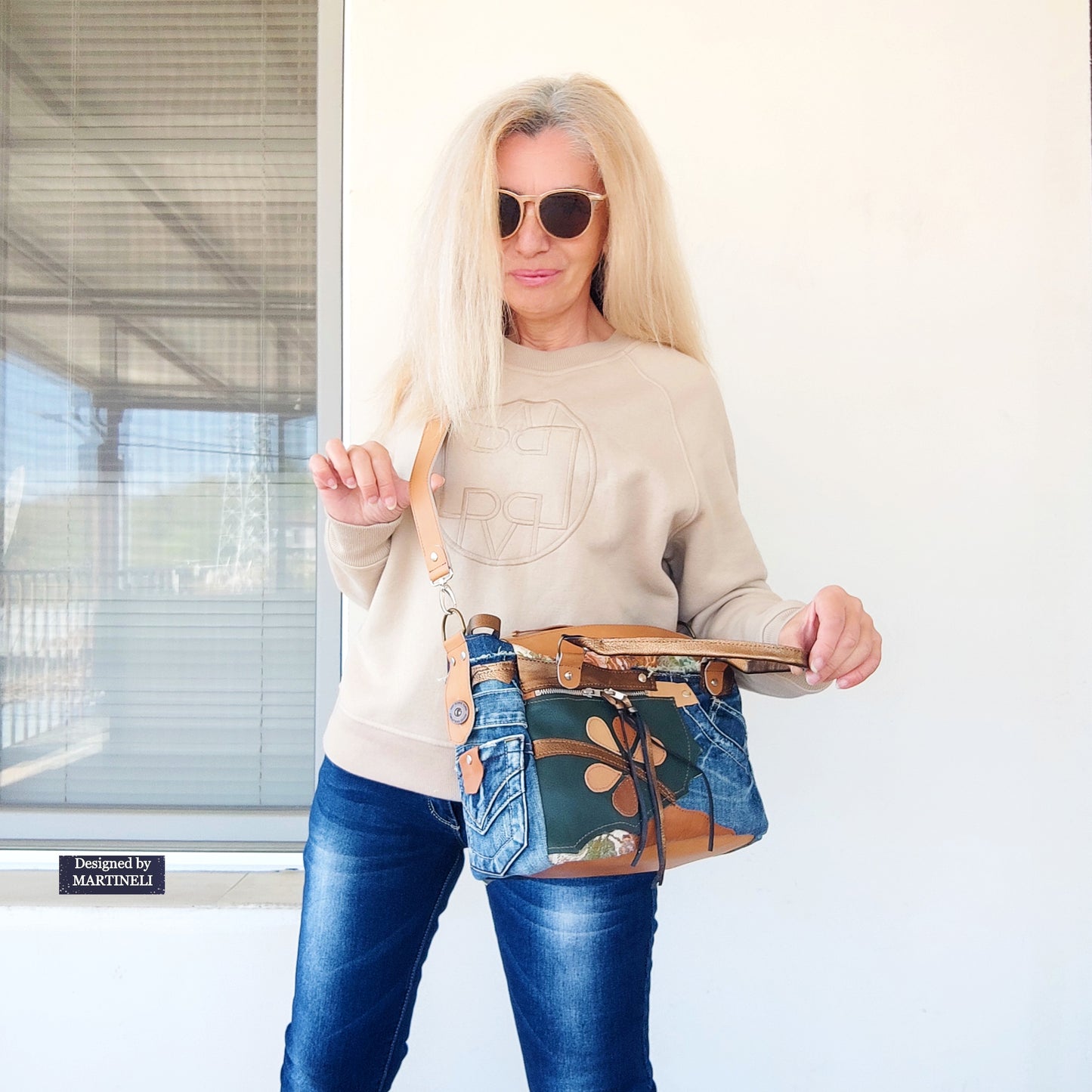 Beige Leather Shoulder Bag Boho Floral Handbag Large Denim Crossbody Bag