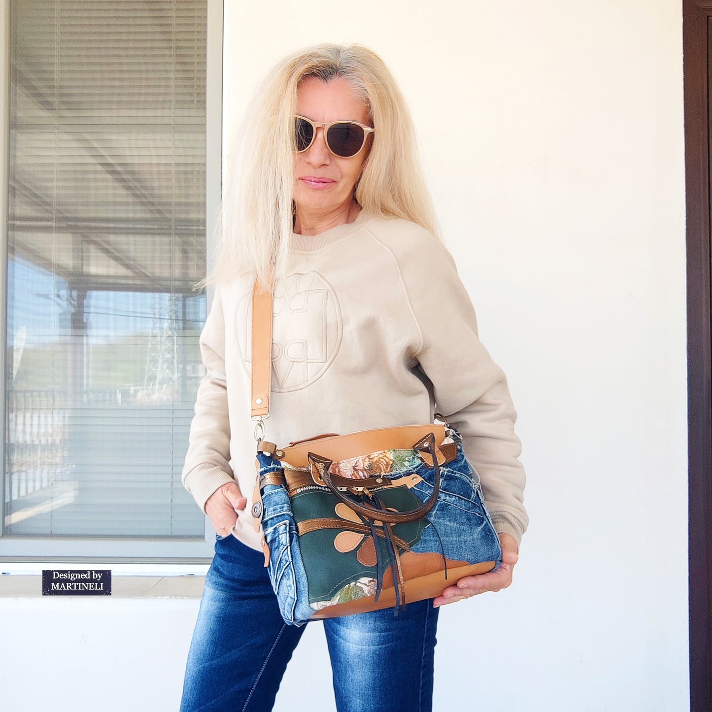 Beige Leather Shoulder Bag Boho Floral Handbag Large Denim Crossbody Bag
