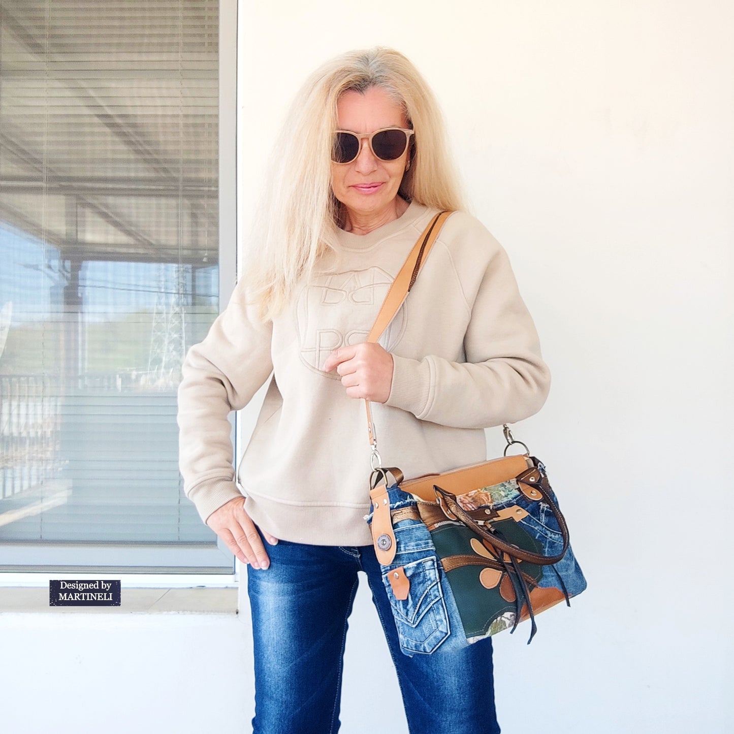Beige Leather Shoulder Bag Boho Floral Handbag Large Denim Crossbody Bag