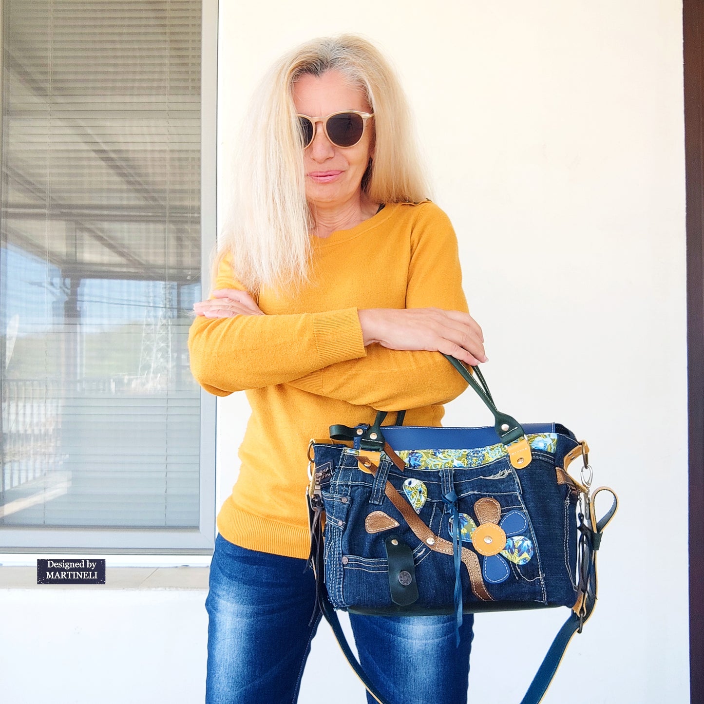 Blue Leather Shoulder Bag Large Floral Handbag Luxury Denim Bag