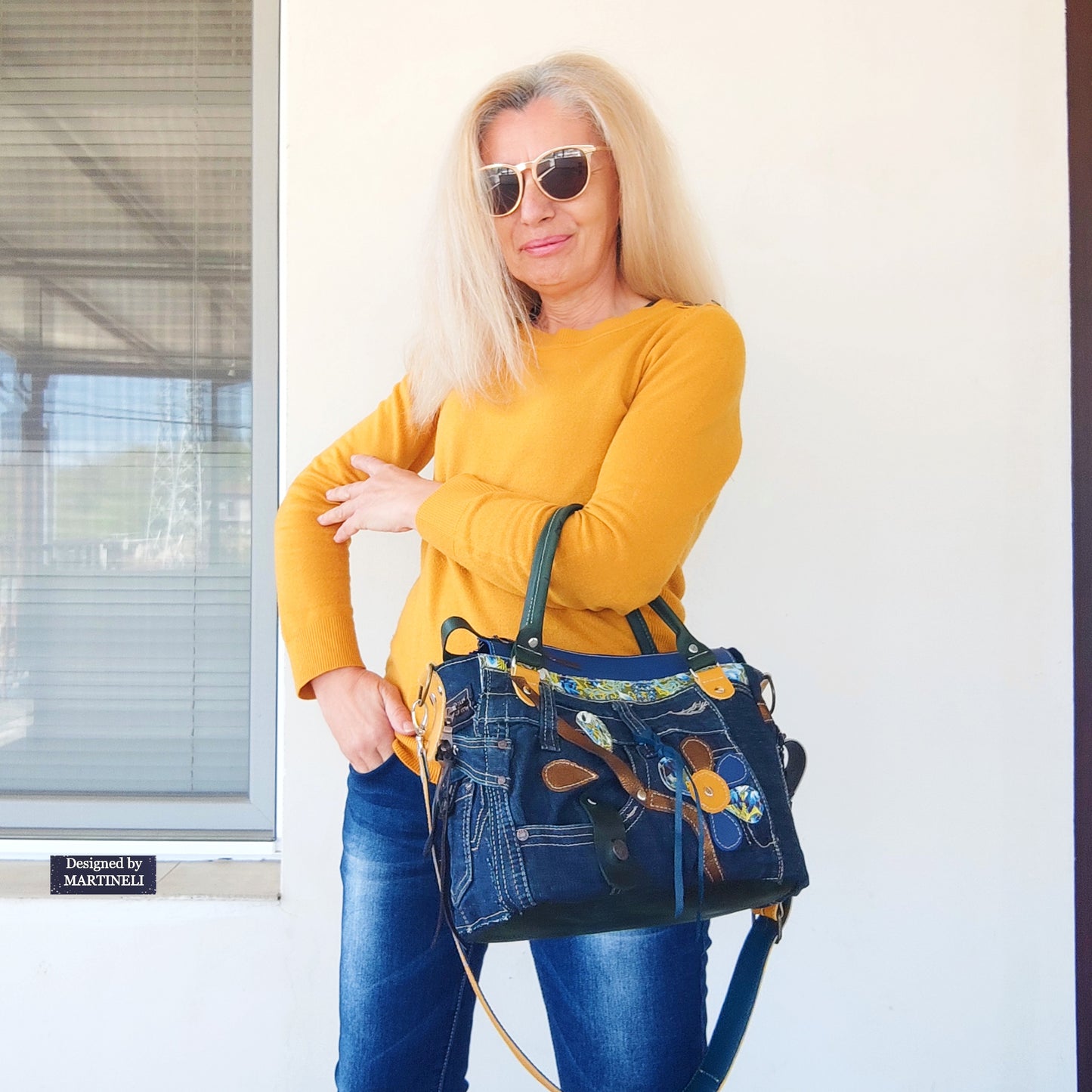 Blue Leather Shoulder Bag Large Floral Handbag Luxury Denim Bag