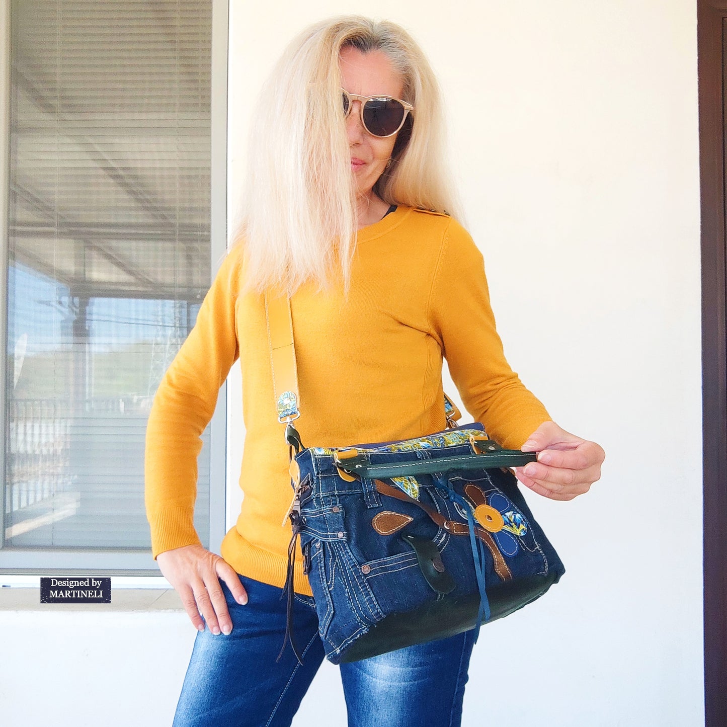 Blue Leather Shoulder Bag Large Floral Handbag Luxury Denim Bag