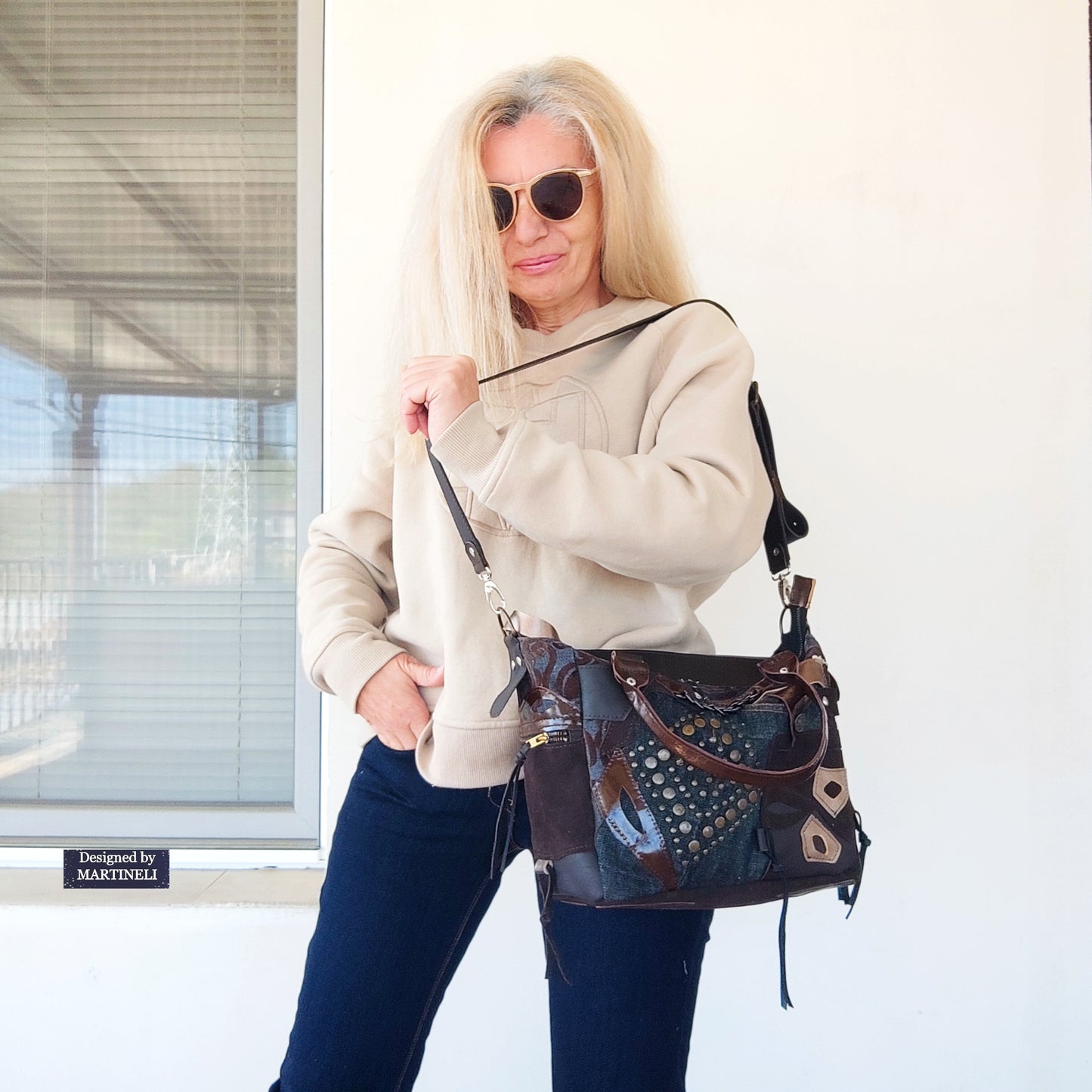 Brown Leather Shoulder Bag Floral Hand Bag Luxury Denim Purse Bag