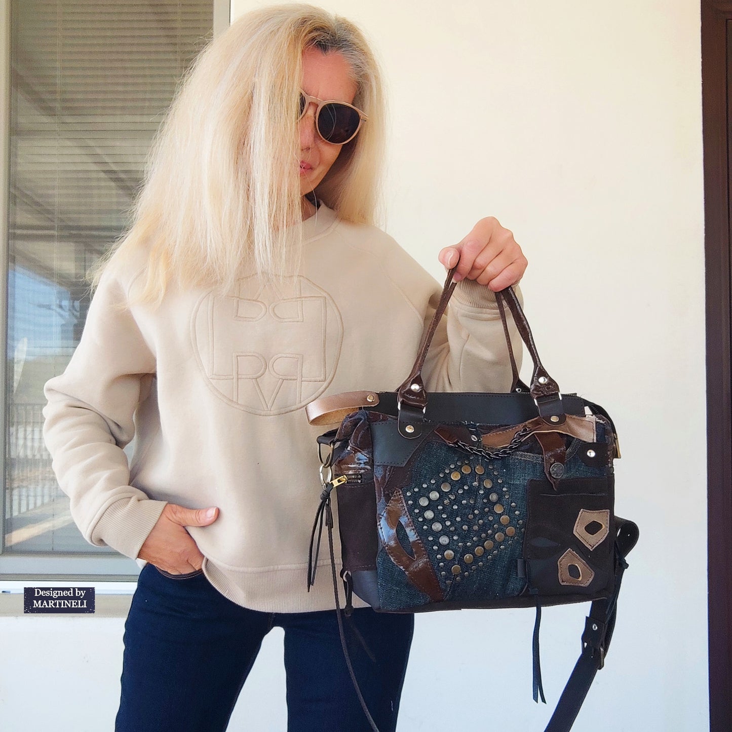 Brown Leather Shoulder Bag Floral Hand Bag Luxury Denim Purse Bag