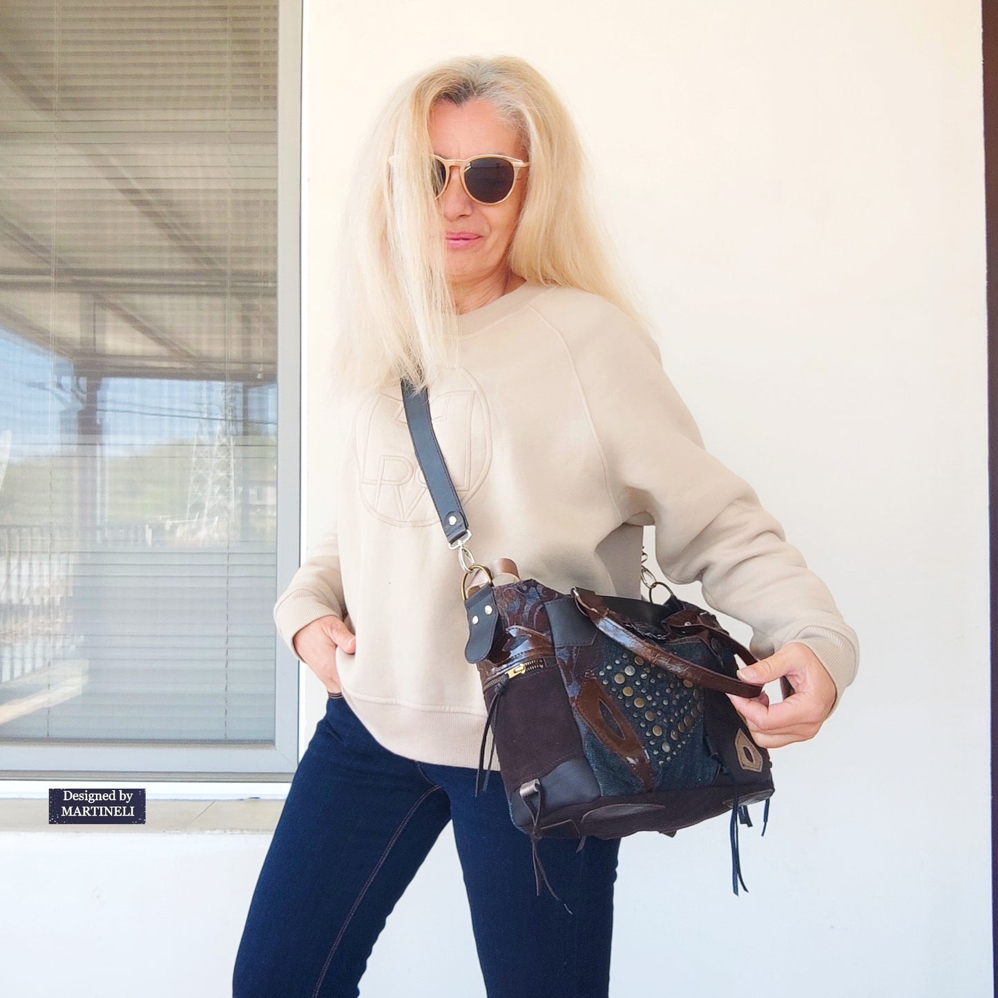 Brown Leather Shoulder Bag Floral Hand Bag Luxury Denim Purse Bag