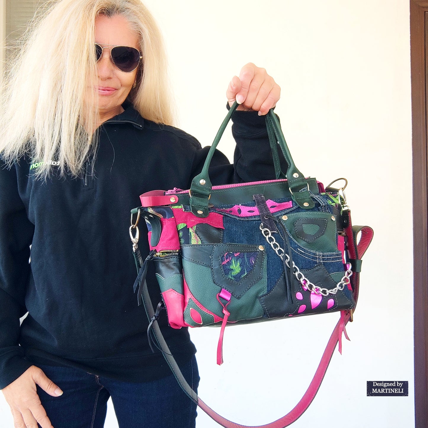 Pink Leather Shoulder Bag Luxury Floral Hand Bag Elegant Green Boho Bag