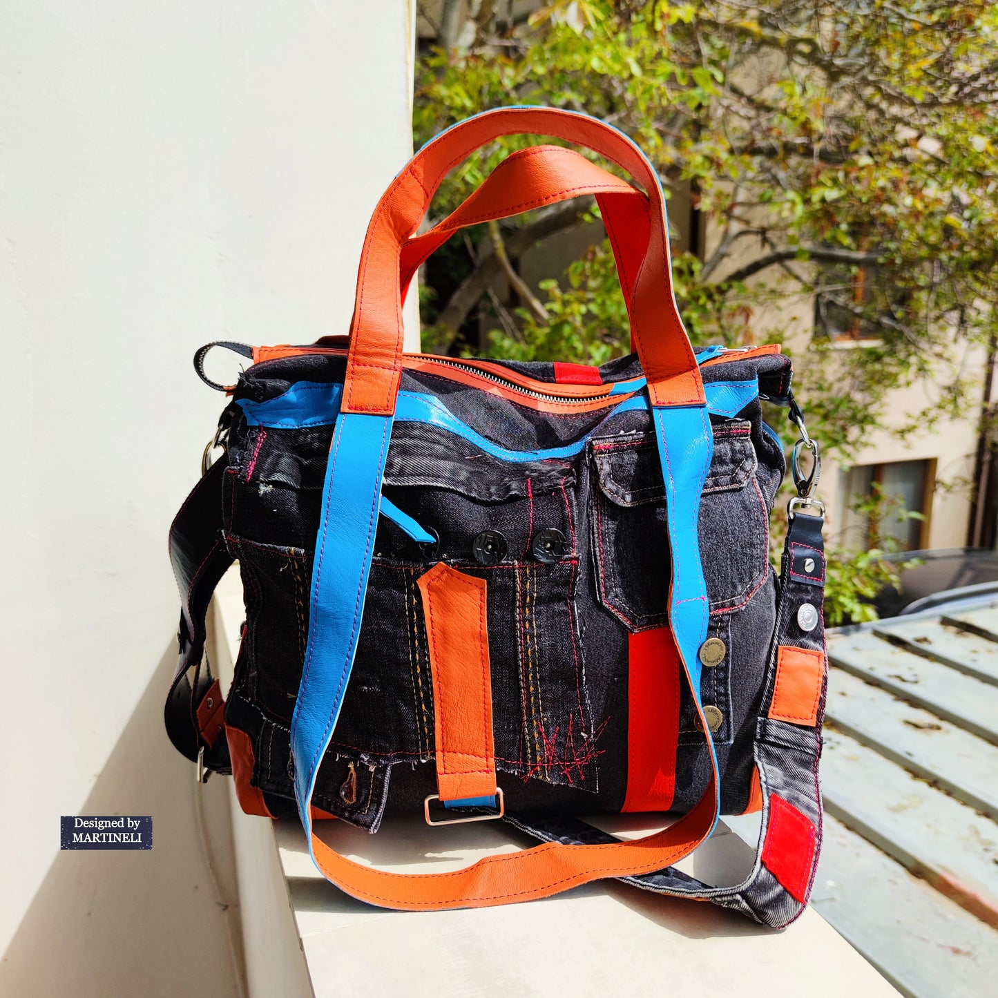 Colorful Denim and Leather Shoulder Bag-Italian Leather Tote Bag,Artsy Jean Crossbody Purse Bag Soft Leather Hand Bag Distressed Denim Patchwork