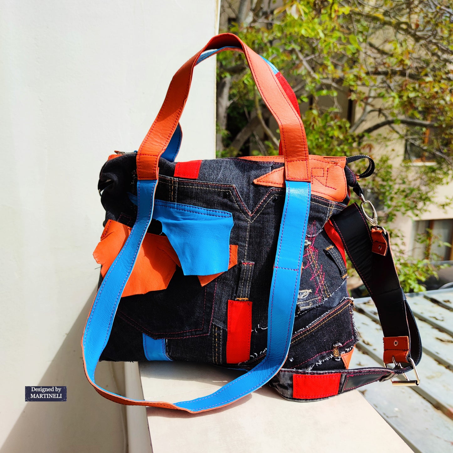 Colorful Denim and Leather Shoulder Bag-Italian Leather Tote Bag,Artsy Jean Crossbody Purse Bag Soft Leather Hand Bag Distressed Denim Patchwork