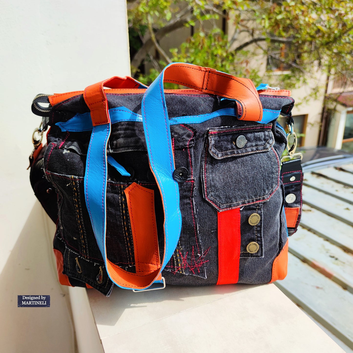 Colorful Denim and Leather Shoulder Bag-Italian Leather Tote Bag,Artsy Jean Crossbody Purse Bag Soft Leather Hand Bag Distressed Denim Patchwork