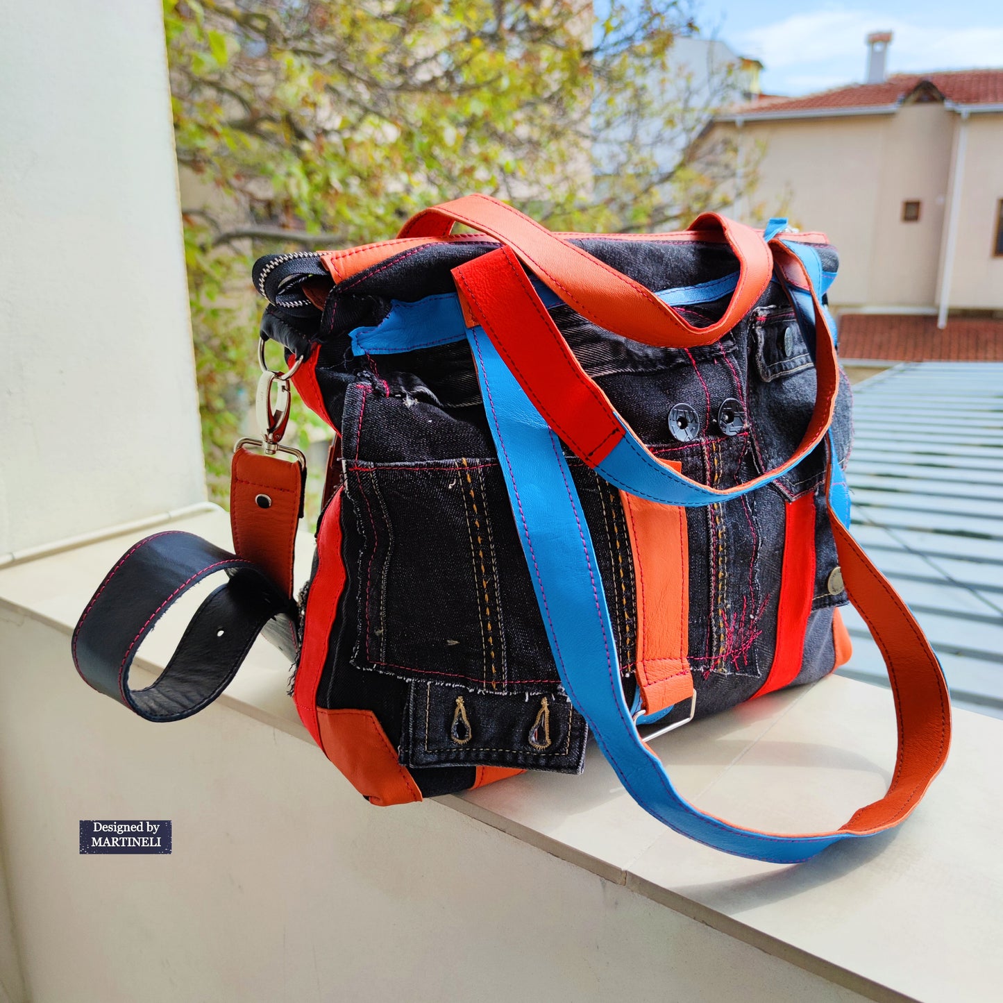 Colorful Denim and Leather Shoulder Bag-Italian Leather Tote Bag,Artsy Jean Crossbody Purse Bag Soft Leather Hand Bag Distressed Denim Patchwork