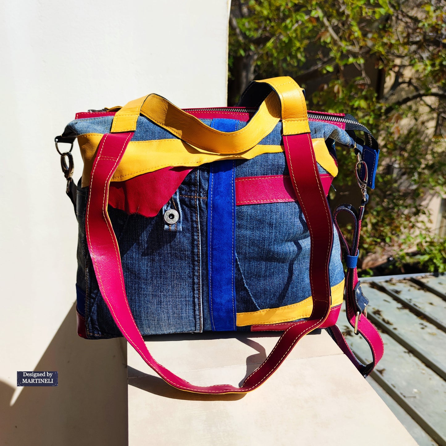 Boho Denim&Leather Shoulder Bag High End Italian Leather Tote Bag-Colorful Artsy Crossbody Purse,Big Soft Leather Distressed Denim Handbag