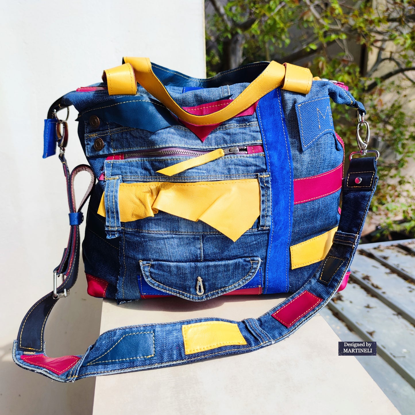 Boho Denim&Leather Shoulder Bag High End Italian Leather Tote Bag-Colorful Artsy Crossbody Purse,Big Soft Leather Distressed Denim Handbag