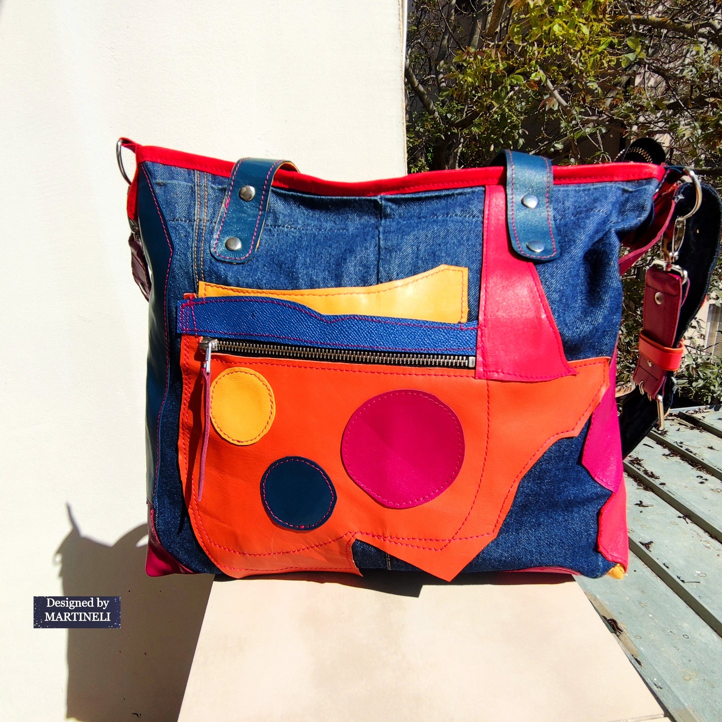 Colorful Leather Tote Bag-Soft Leather and Denim Crossbody Purse Bag,Large Jean Bag Artsy Convertible Bag For Women Hippie Bag Boho Tote Bag