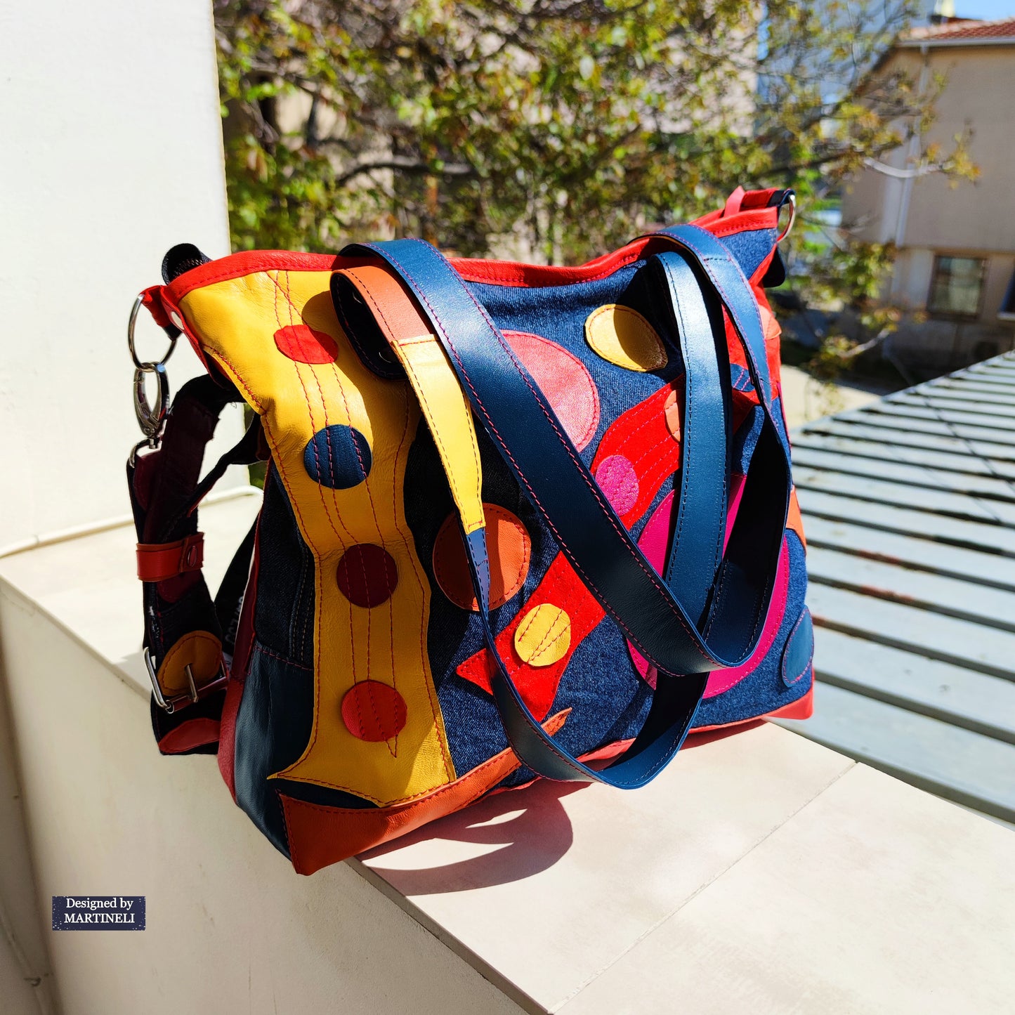 Colorful Leather Tote Bag-Soft Leather and Denim Crossbody Purse Bag,Large Jean Bag Artsy Convertible Bag For Women Hippie Bag Boho Tote Bag