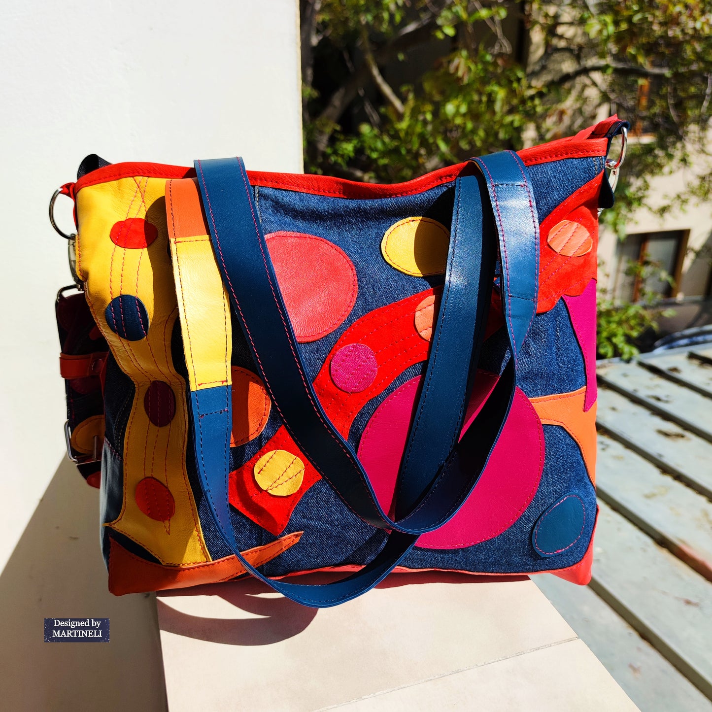 Colorful Leather Tote Bag-Soft Leather and Denim Crossbody Purse Bag,Large Jean Bag Artsy Convertible Bag For Women Hippie Bag Boho Tote Bag