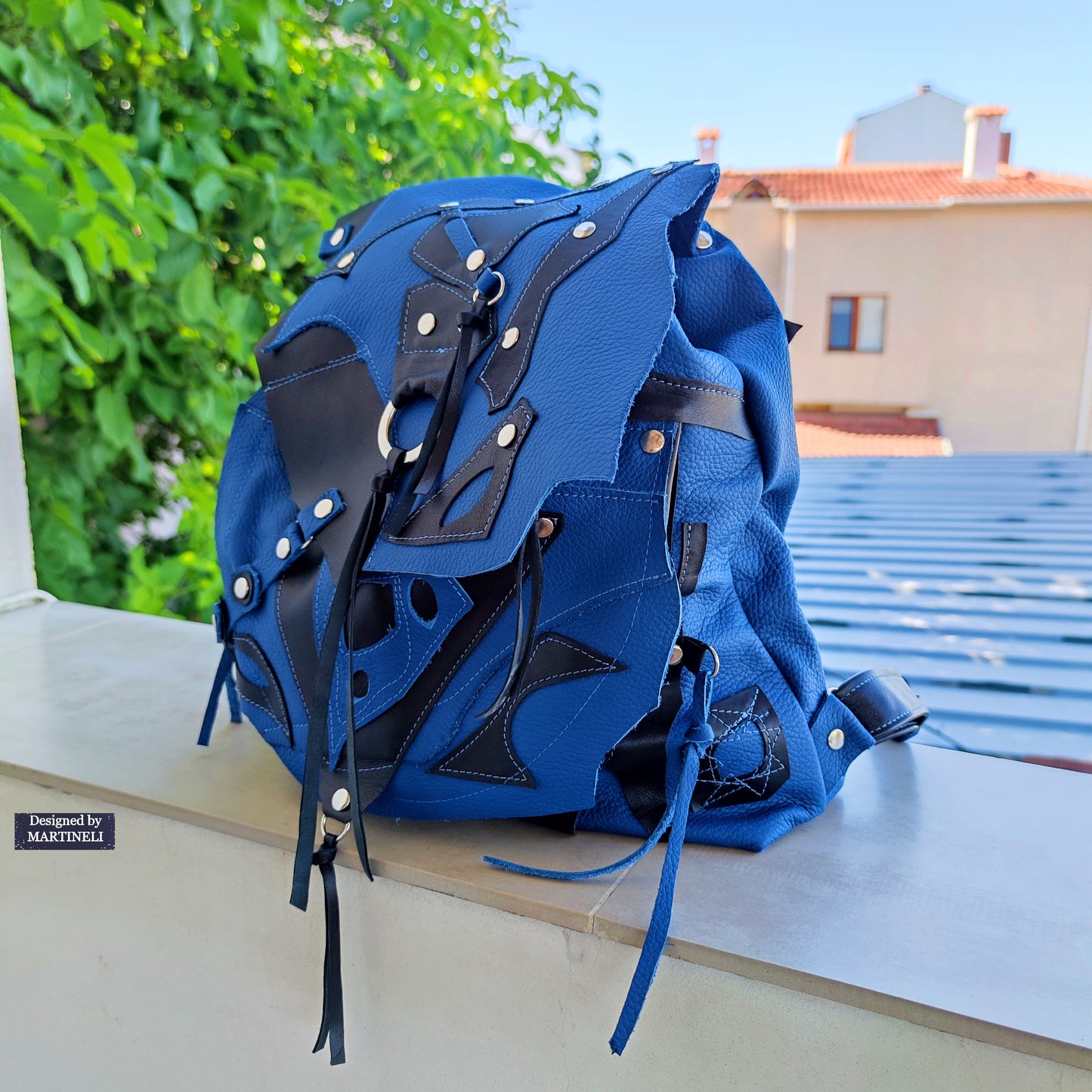 BLUE LEATHER BACKPACK UNISEX LARGE NATURAL LEATHER TRAVEL BACKPACK