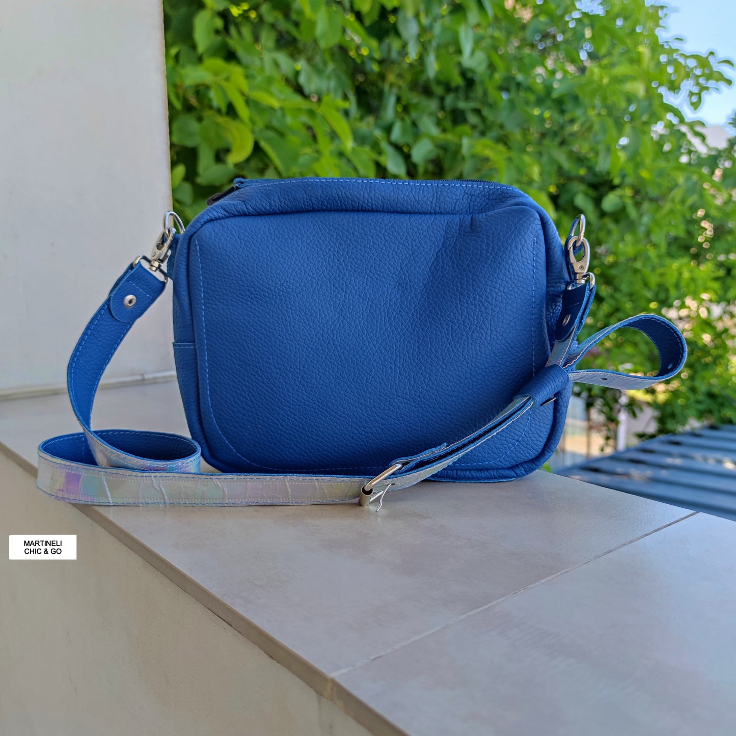 BLUE MINI LEATHER SHOULDER BAG FLORAL CROSSBODY BAG