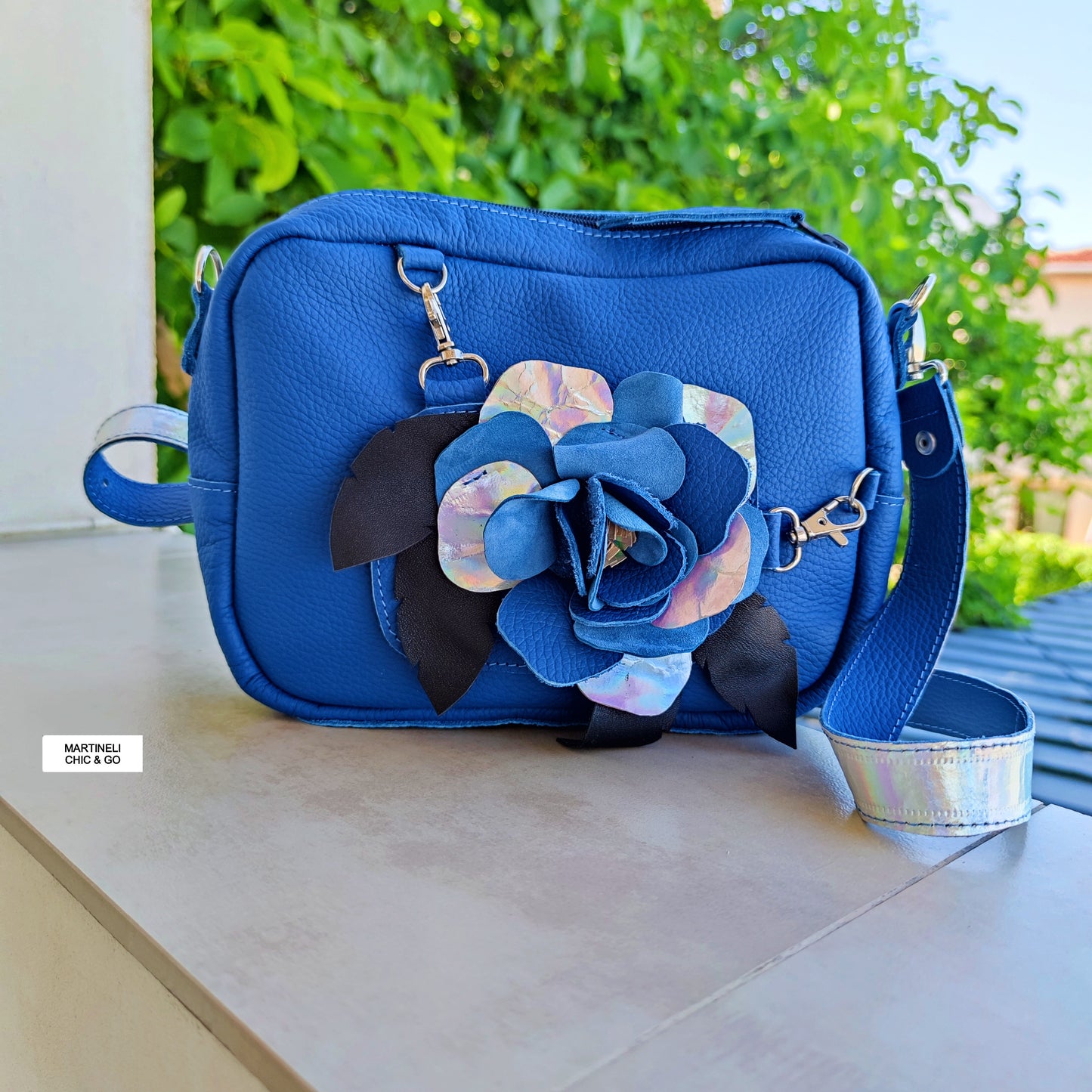 BLUE MINI LEATHER SHOULDER BAG FLORAL CROSSBODY BAG