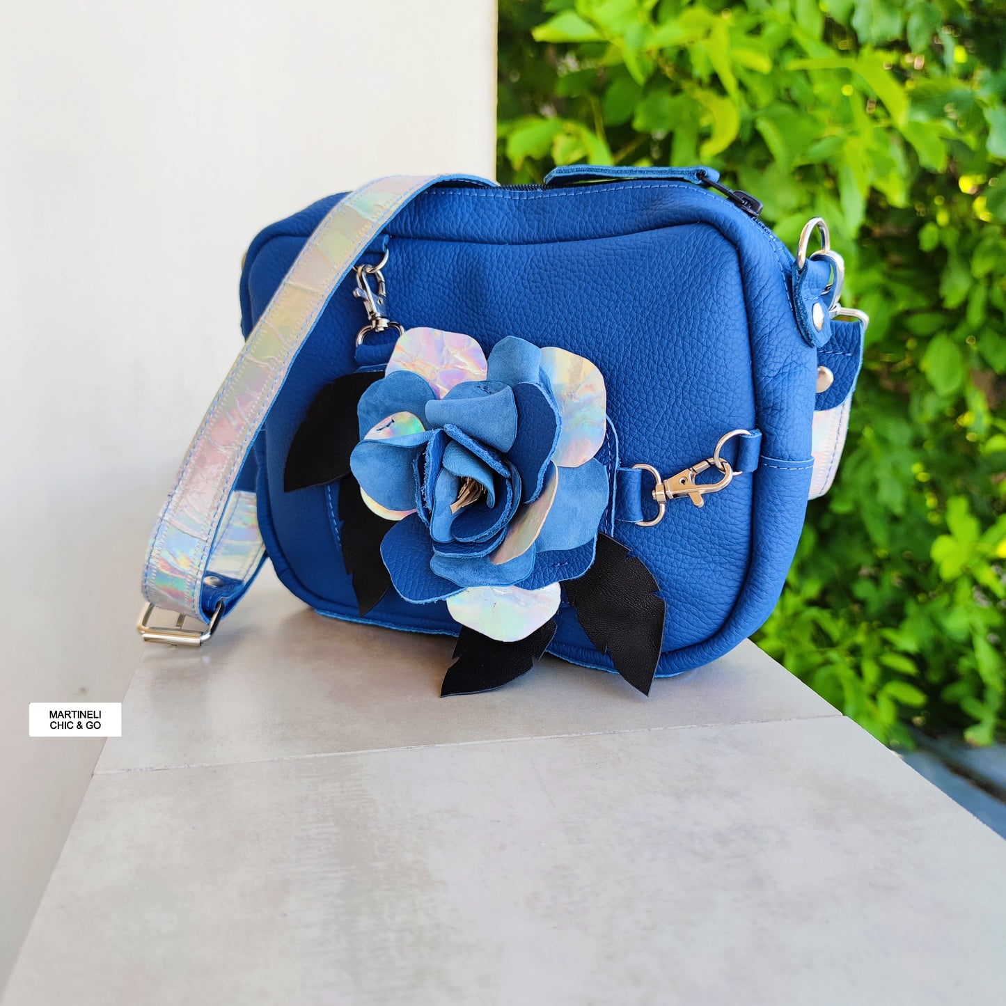 BLUE MINI LEATHER SHOULDER BAG FLORAL CROSSBODY BAG