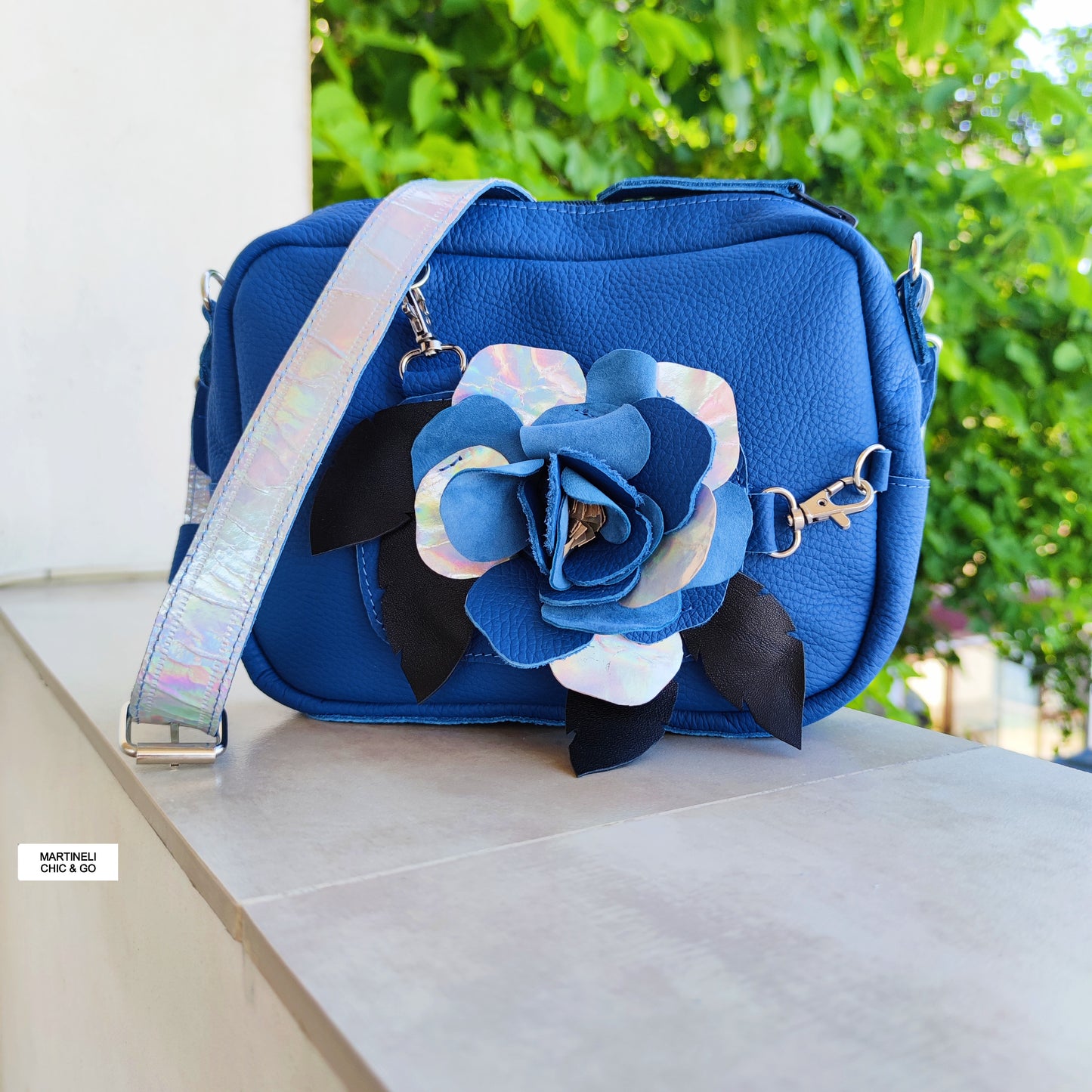 BLUE MINI LEATHER SHOULDER BAG FLORAL CROSSBODY BAG