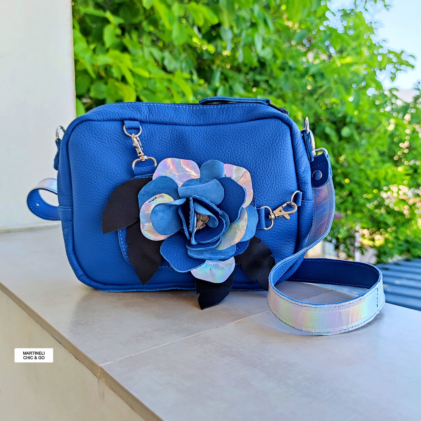 BLUE MINI LEATHER SHOULDER BAG FLORAL CROSSBODY BAG