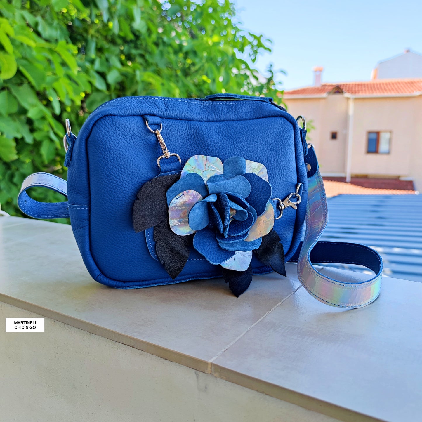 BLUE MINI LEATHER SHOULDER BAG FLORAL CROSSBODY BAG