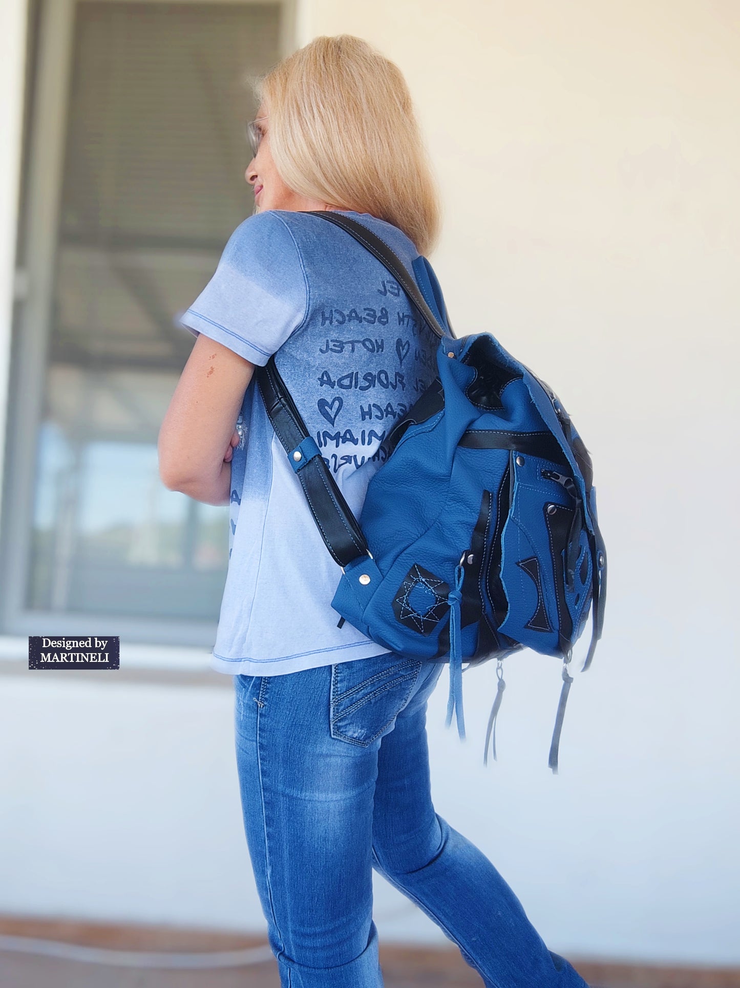 BLUE LEATHER BACKPACK UNISEX LARGE NATURAL LEATHER TRAVEL BACKPACK