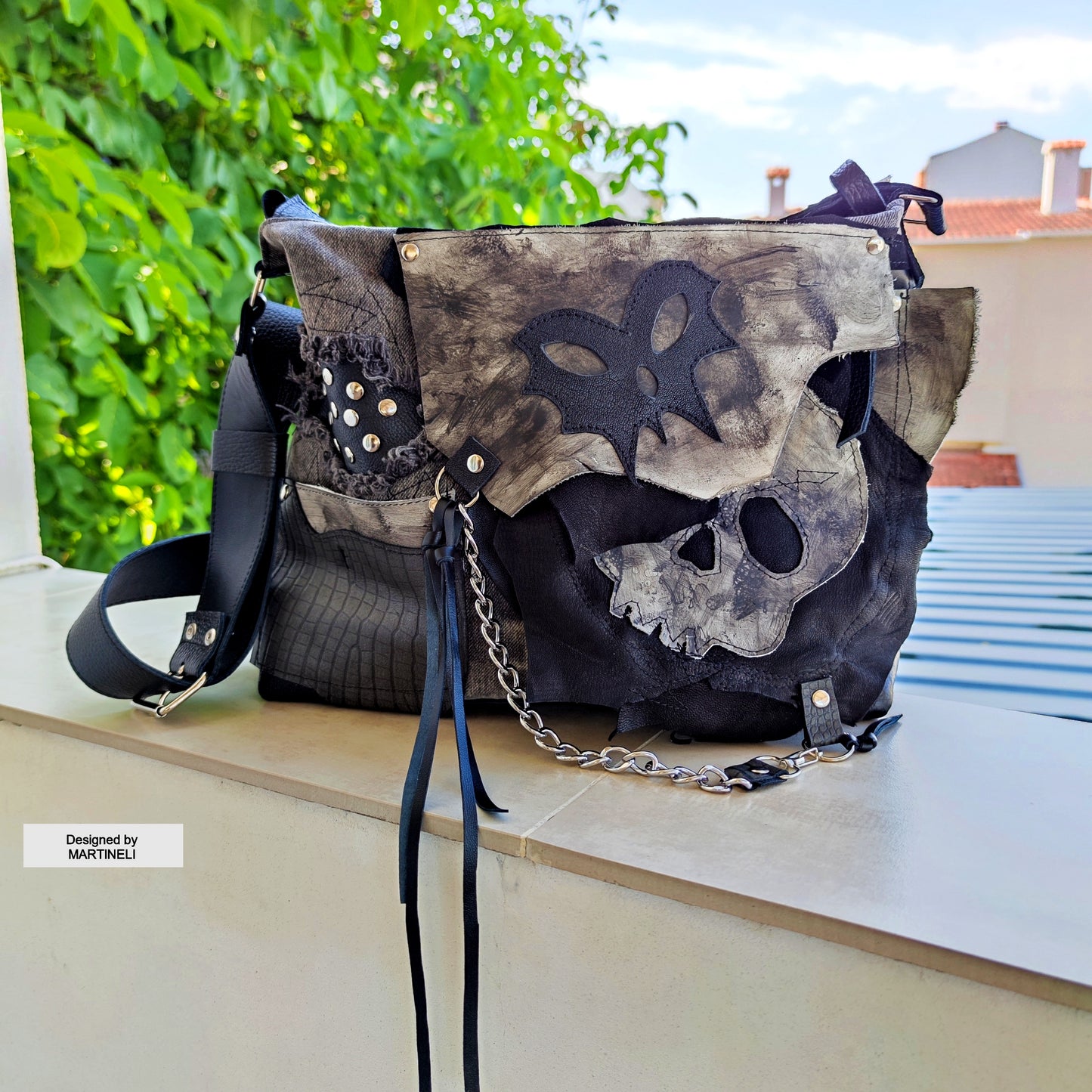 GOTHIC LEATHER SHOULDER BAG-PUNK ROCK SKULL PURSE-LARGE DENIM CROSSBODY BAG