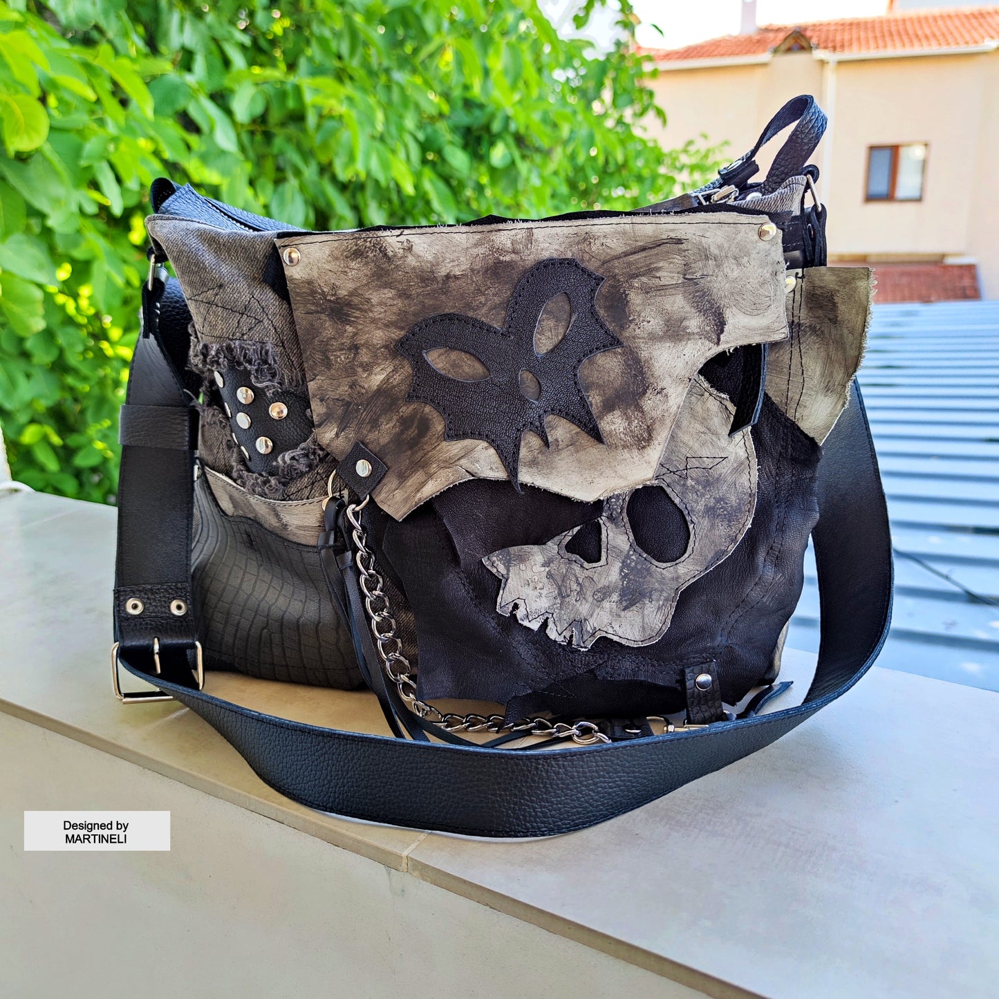 GOTHIC LEATHER SHOULDER BAG-PUNK ROCK SKULL PURSE-LARGE DENIM CROSSBODY BAG