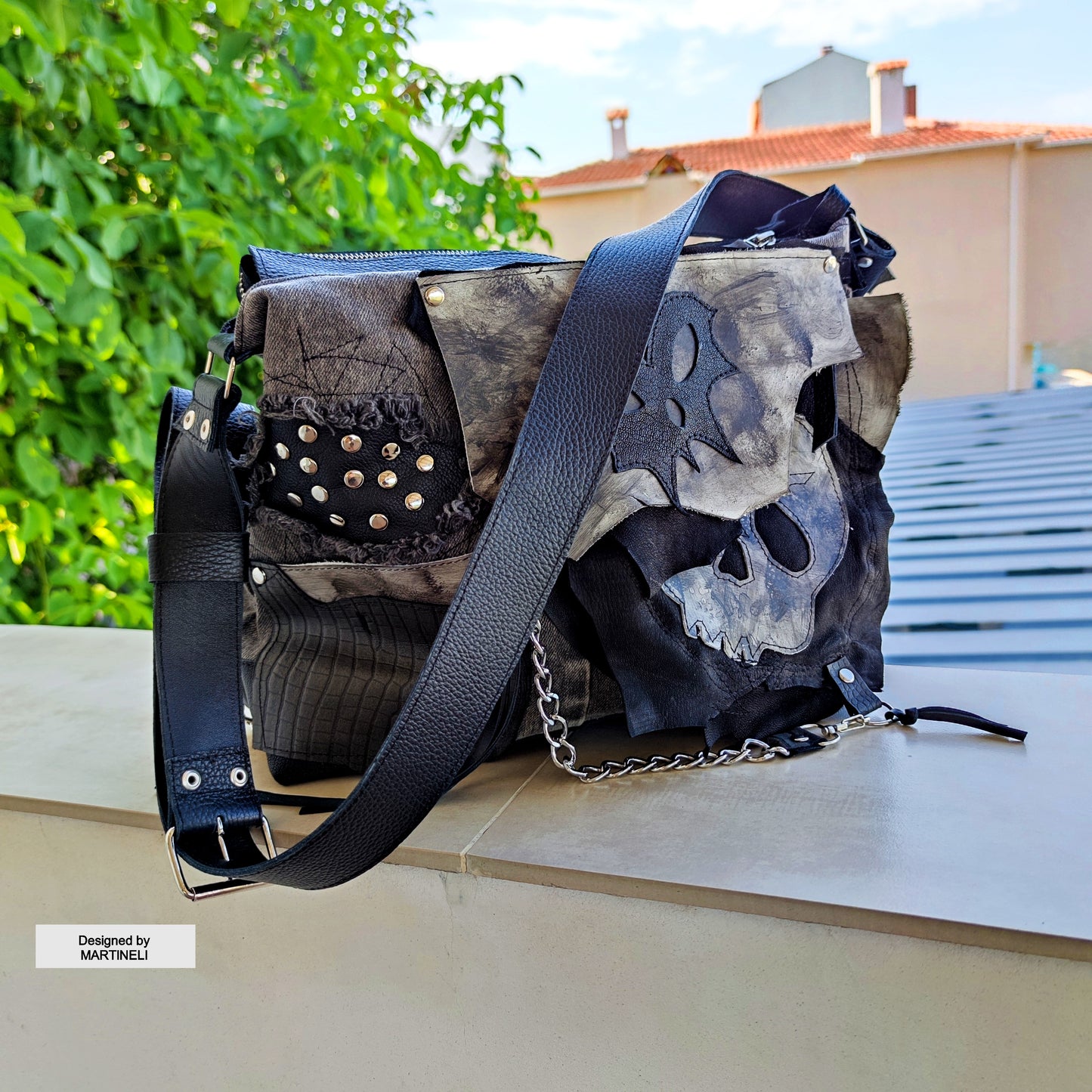 GOTHIC LEATHER SHOULDER BAG-PUNK ROCK SKULL PURSE-LARGE DENIM CROSSBODY BAG