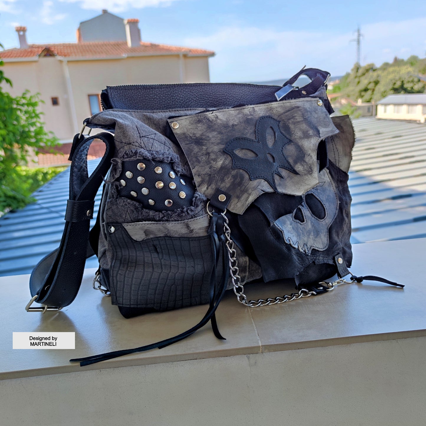 GOTHIC LEATHER SHOULDER BAG-PUNK ROCK SKULL PURSE-LARGE DENIM CROSSBODY BAG