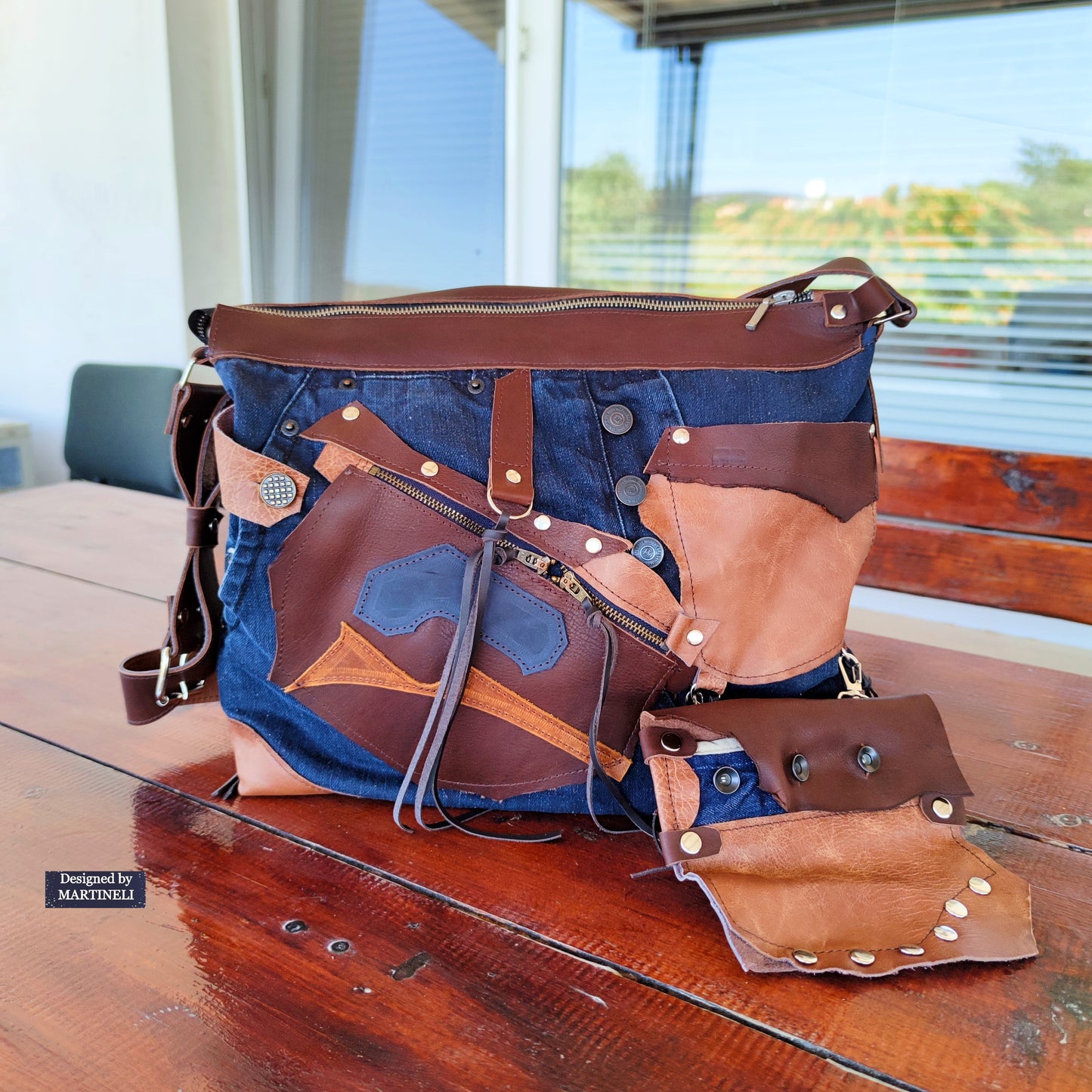 Handmade Denim Crossbody Bag-Upcycled Boho Jean Purse with Leather Straps-Recycled Jeans Shoulder Purse-Eco Friendly Festival Bag-Western