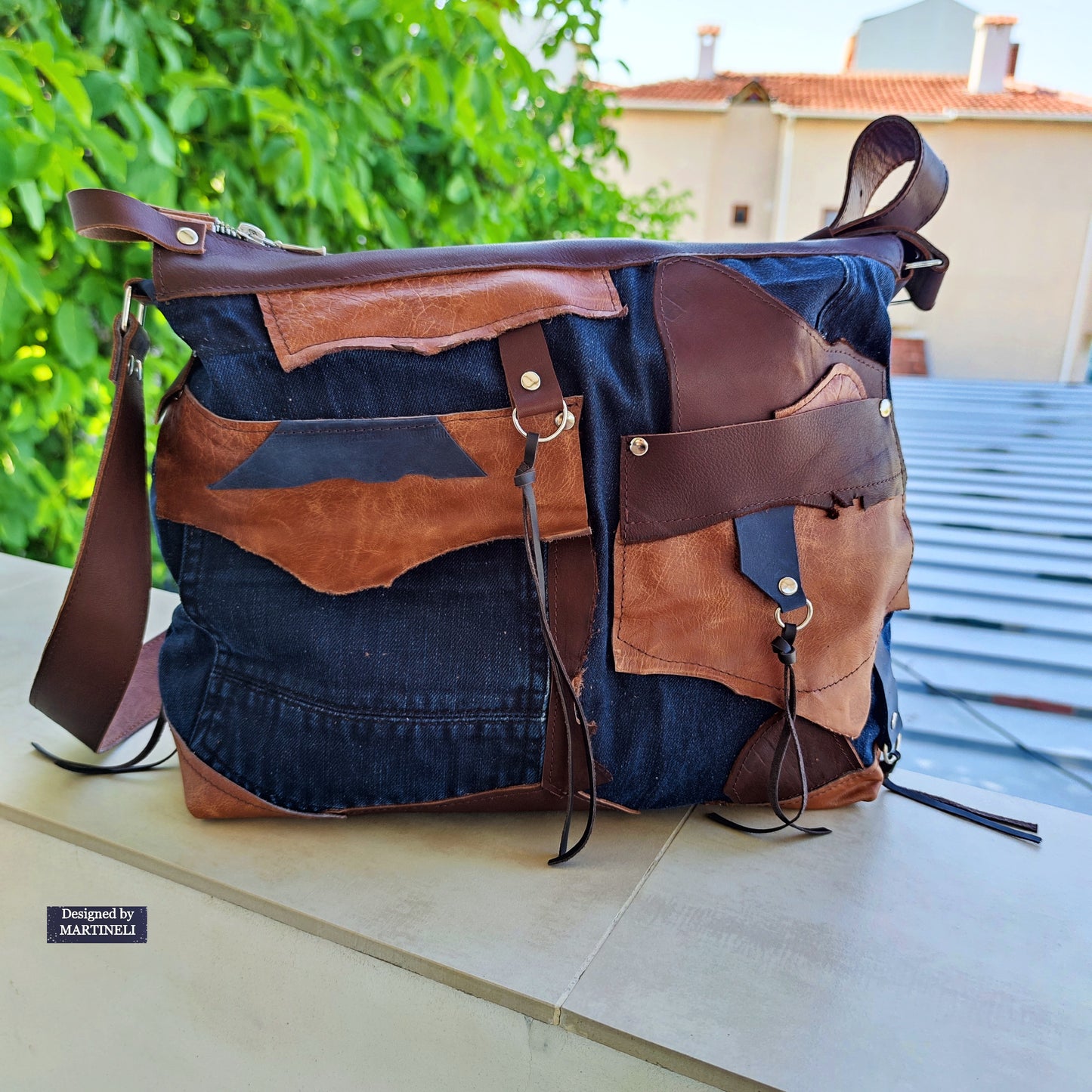 Handmade Denim Crossbody Bag-Upcycled Boho Jean Purse with Leather Straps-Recycled Jeans Shoulder Purse-Eco Friendly Festival Bag-Western
