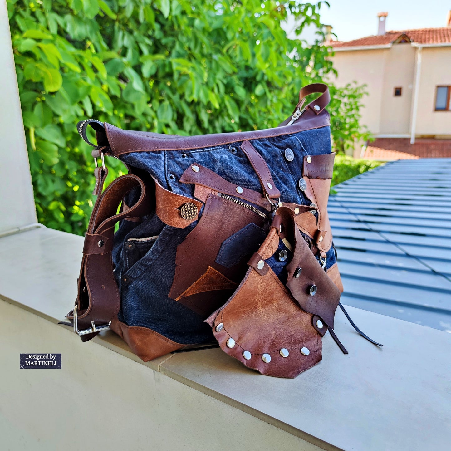 Handmade Denim Crossbody Bag-Upcycled Boho Jean Purse with Leather Straps-Recycled Jeans Shoulder Purse-Eco Friendly Festival Bag-Western
