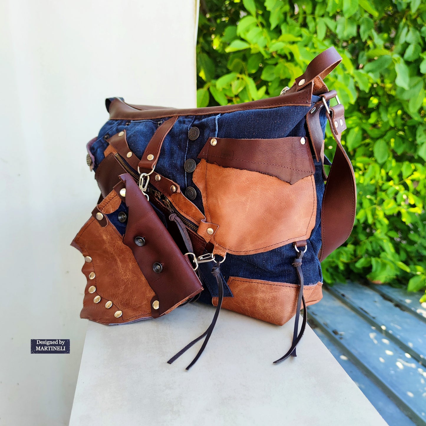 Handmade Denim Crossbody Bag-Upcycled Boho Jean Purse with Leather Straps-Recycled Jeans Shoulder Purse-Eco Friendly Festival Bag-Western