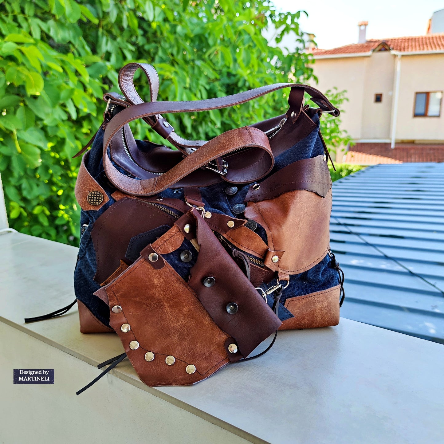 Handmade Denim Crossbody Bag-Upcycled Boho Jean Purse with Leather Straps-Recycled Jeans Shoulder Purse-Eco Friendly Festival Bag-Western