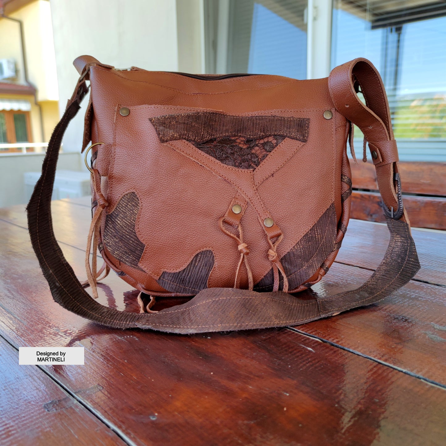 Brown Leather Shoulder Bag with Beads&Floral Lace-Boho Chic Crossbody Purse,Unique Artisan Floral Bag Women,Statement High-End Festival Bag