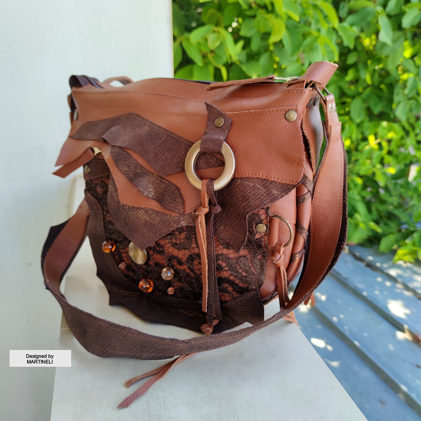 Brown Leather Shoulder Bag with Beads&Floral Lace-Boho Chic Crossbody Purse,Unique Artisan Floral Bag Women,Statement High-End Festival Bag
