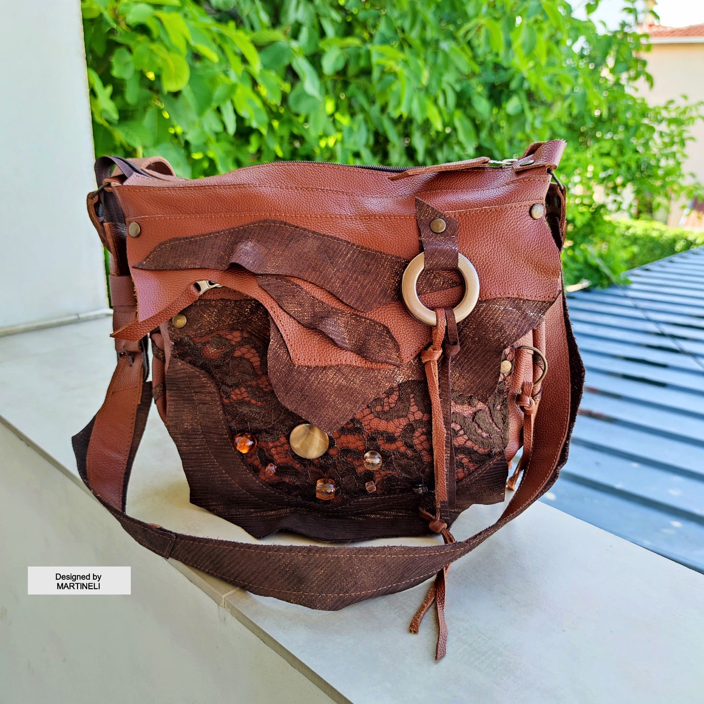Brown Leather Shoulder Bag with Beads&Floral Lace-Boho Chic Crossbody Purse,Unique Artisan Floral Bag Women,Statement High-End Festival Bag