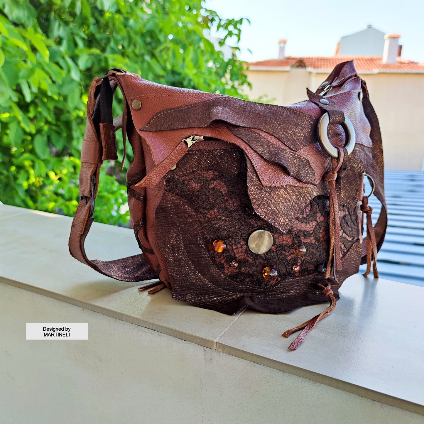 Brown Leather Shoulder Bag with Beads&Floral Lace-Boho Chic Crossbody Purse,Unique Artisan Floral Bag Women,Statement High-End Festival Bag