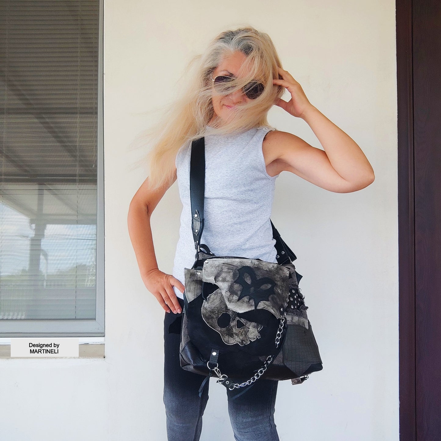 GOTHIC LEATHER SHOULDER BAG-PUNK ROCK SKULL PURSE-LARGE DENIM CROSSBODY BAG