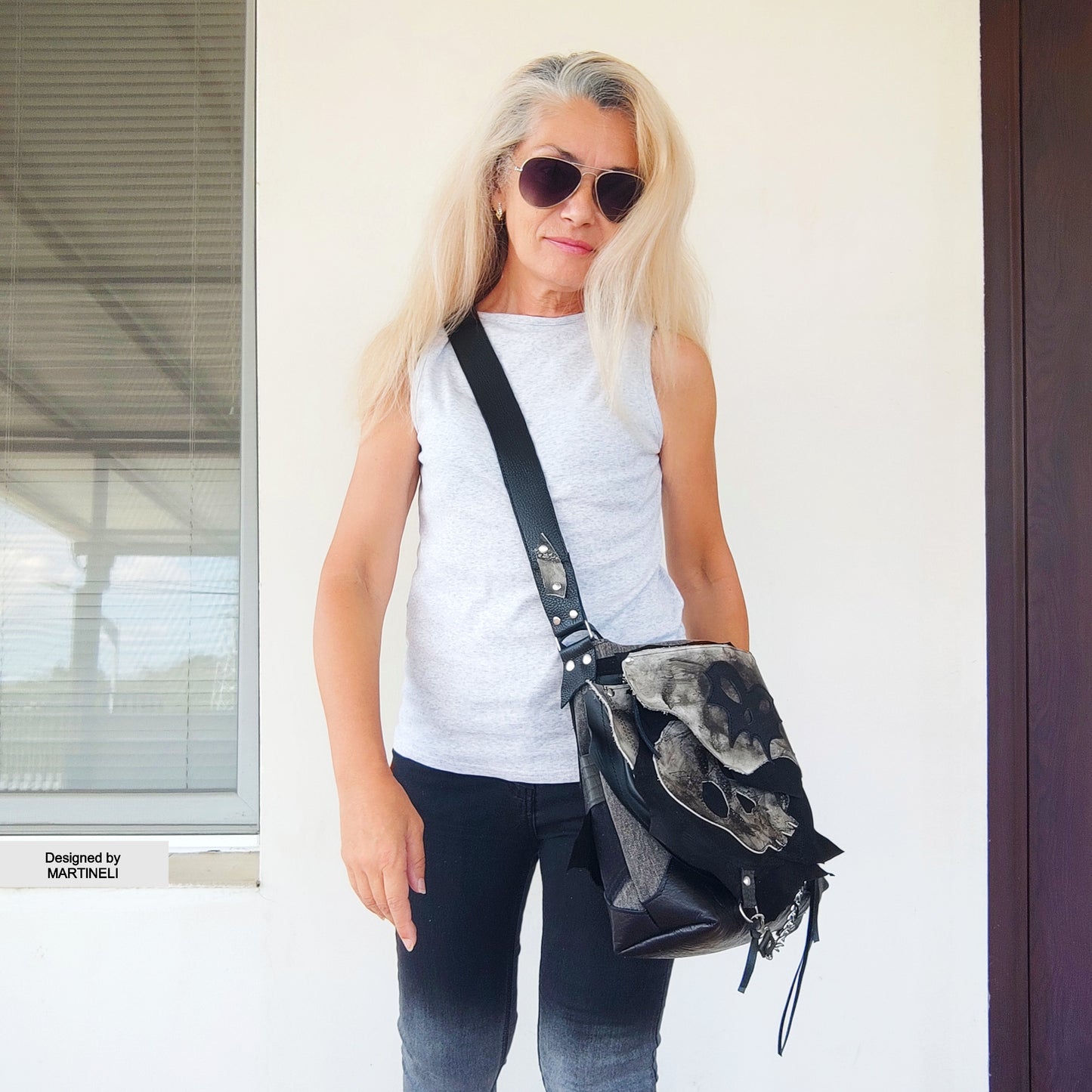 GOTHIC LEATHER SHOULDER BAG-PUNK ROCK SKULL PURSE-LARGE DENIM CROSSBODY BAG