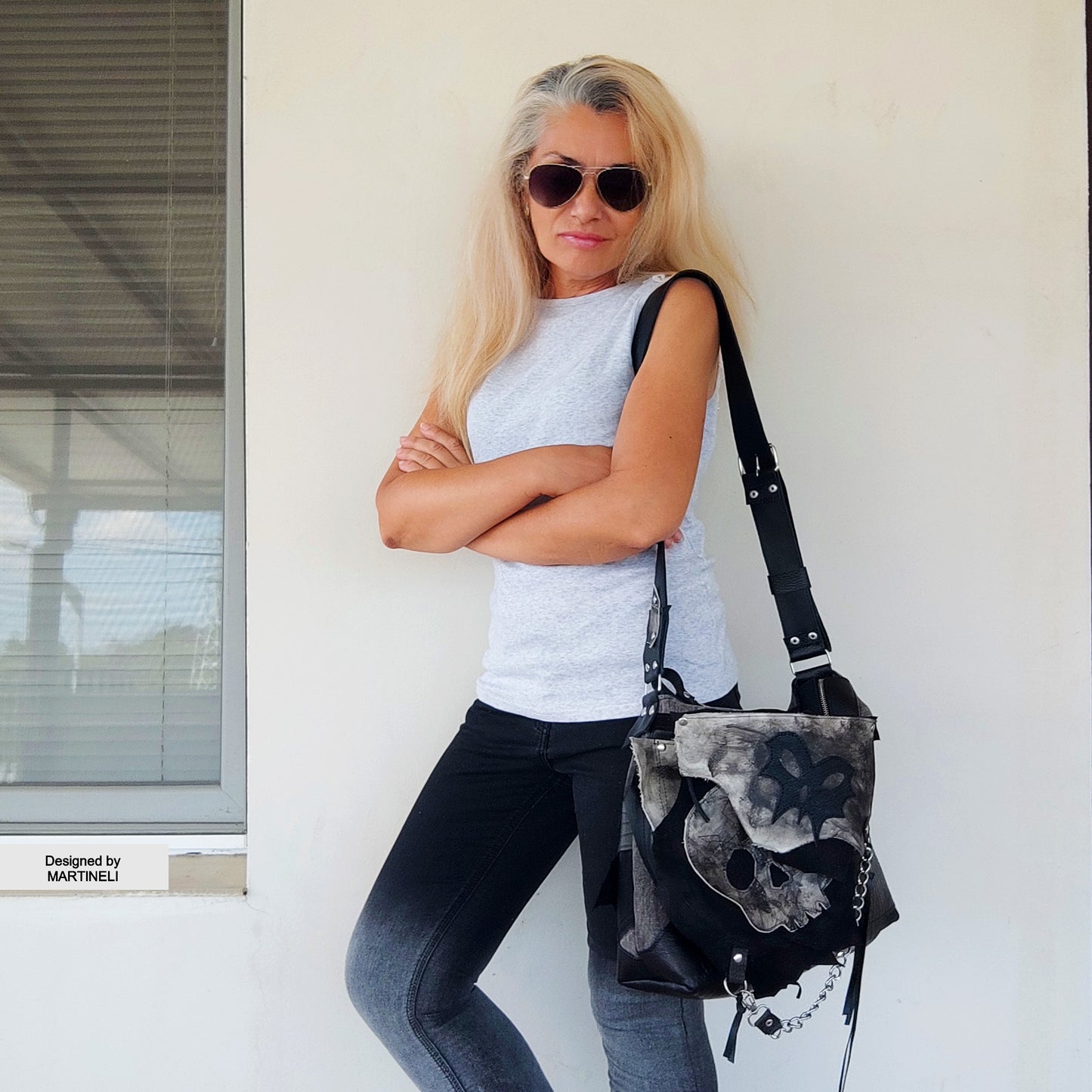 GOTHIC LEATHER SHOULDER BAG-PUNK ROCK SKULL PURSE-LARGE DENIM CROSSBODY BAG