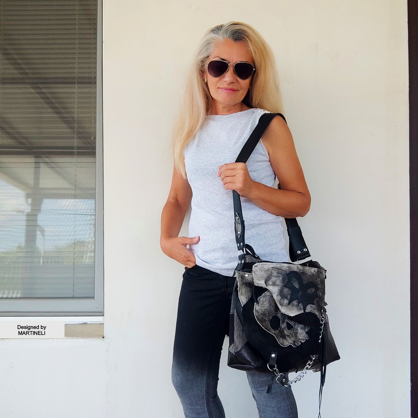 GOTHIC LEATHER SHOULDER BAG-PUNK ROCK SKULL PURSE-LARGE DENIM CROSSBODY BAG