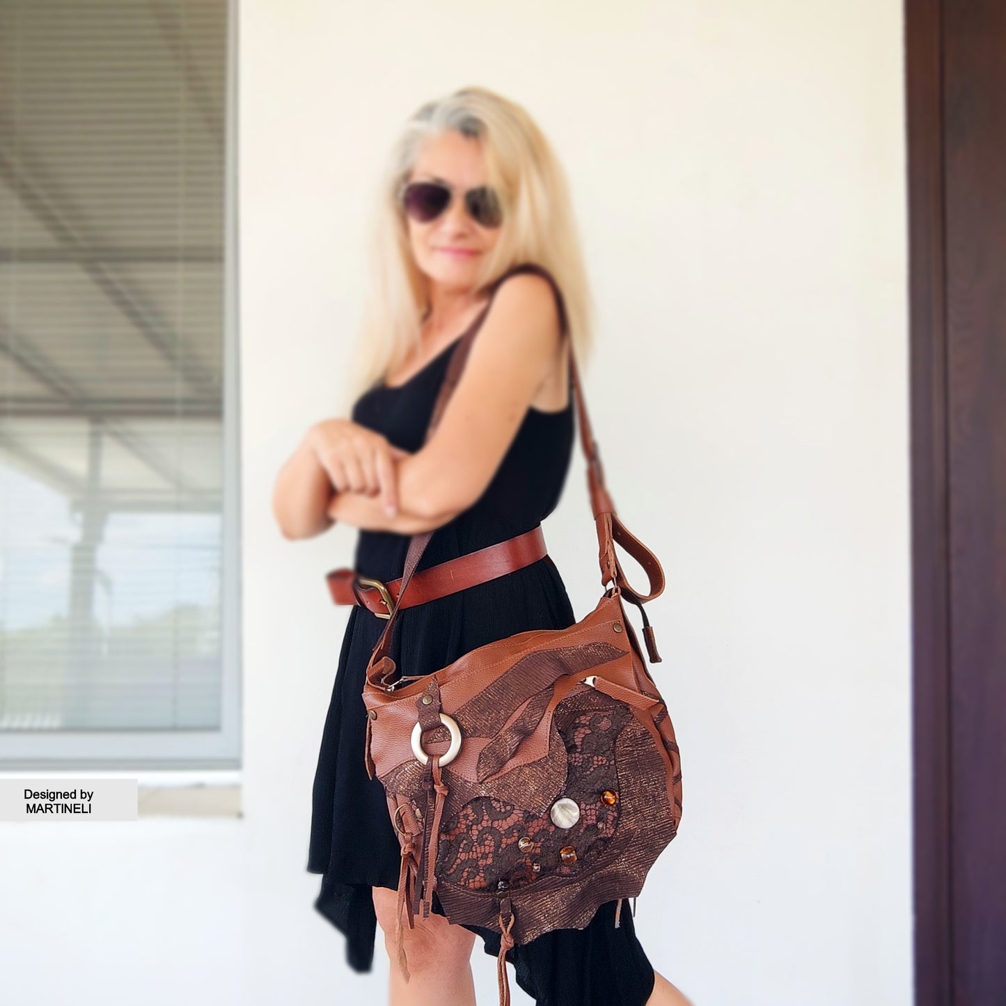 Brown Leather Shoulder Bag with Beads&Floral Lace-Boho Chic Crossbody Purse,Unique Artisan Floral Bag Women,Statement High-End Festival Bag