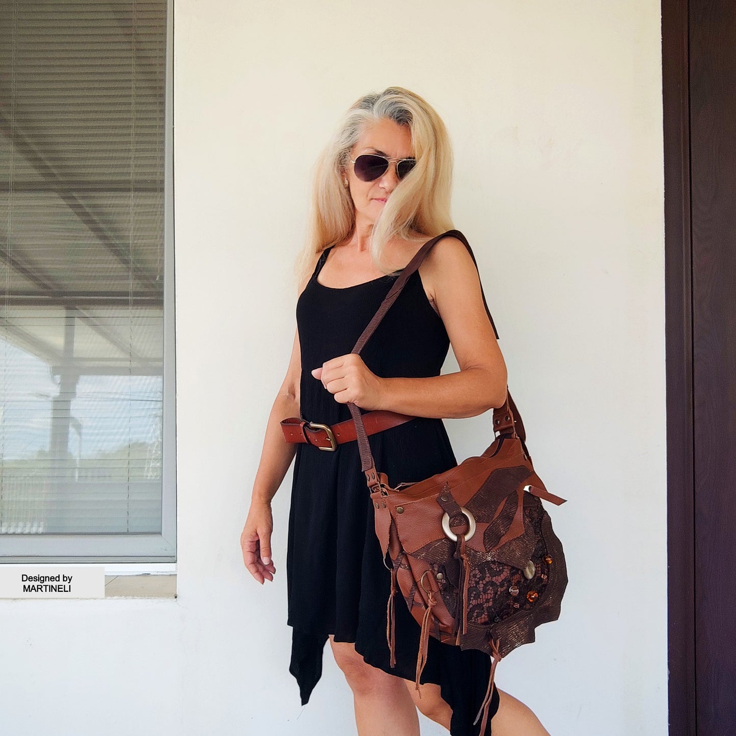 Brown Leather Shoulder Bag with Beads&Floral Lace-Boho Chic Crossbody Purse,Unique Artisan Floral Bag Women,Statement High-End Festival Bag