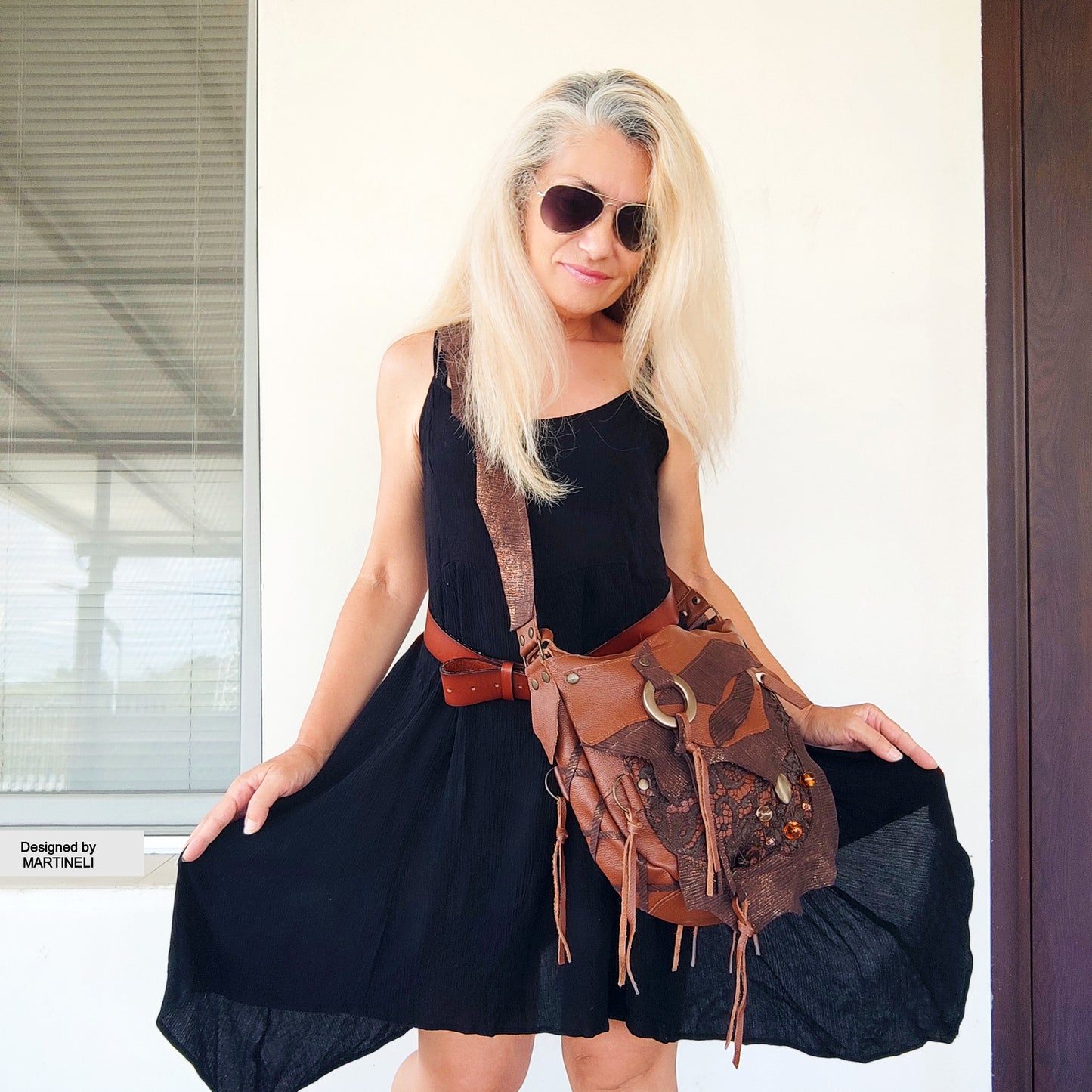 Brown Leather Shoulder Bag with Beads&Floral Lace-Boho Chic Crossbody Purse,Unique Artisan Floral Bag Women,Statement High-End Festival Bag