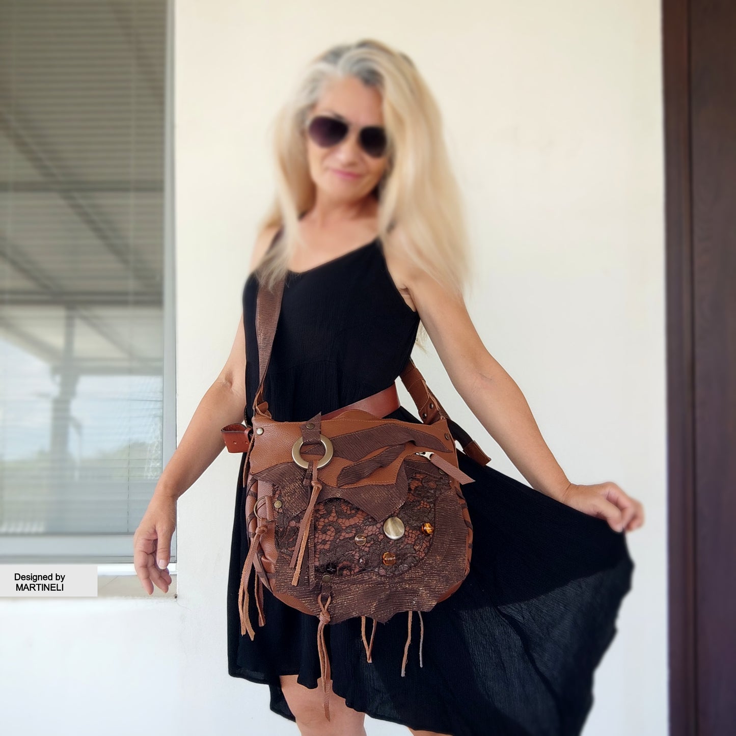 Brown Leather Shoulder Bag with Beads&Floral Lace-Boho Chic Crossbody Purse,Unique Artisan Floral Bag Women,Statement High-End Festival Bag
